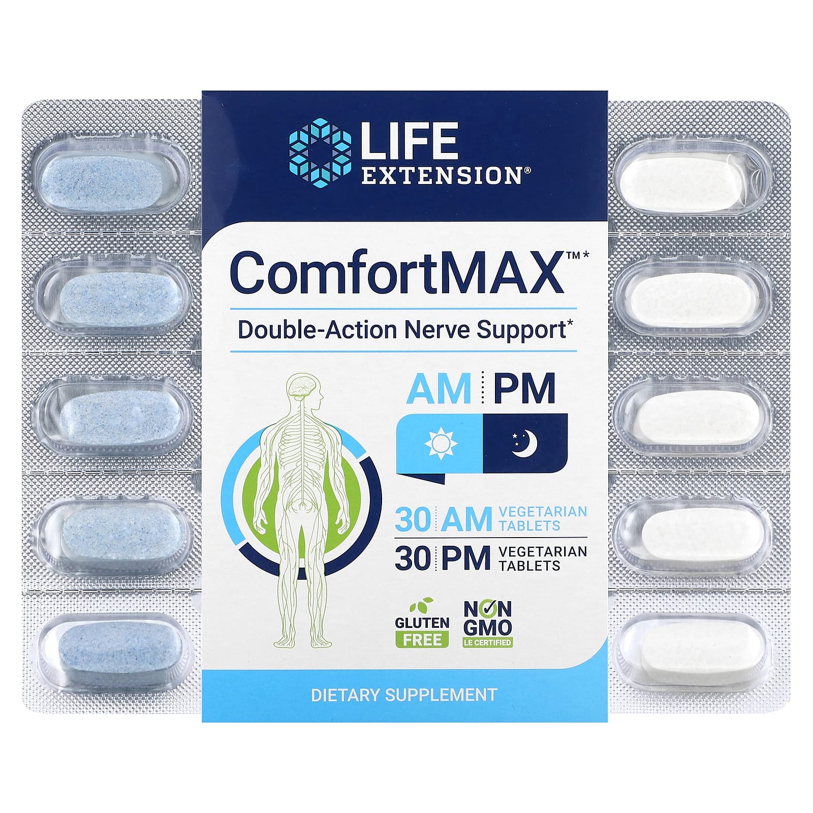 Life Extension, ComfortMAX, Double-Action Nerve Support, For AM & PM, 60 Vegetarian Tablets - Image 1