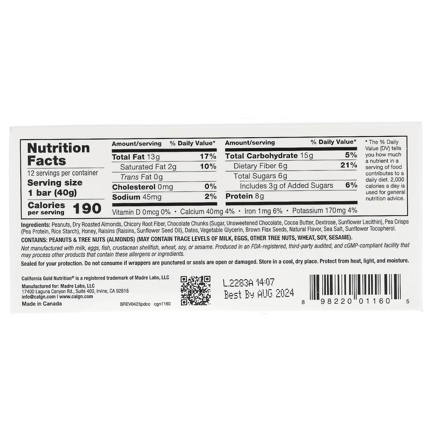 Peanut Dark Chocolate Snack Bars with Fiber & Protein | California Gold Nutrition - Image 2