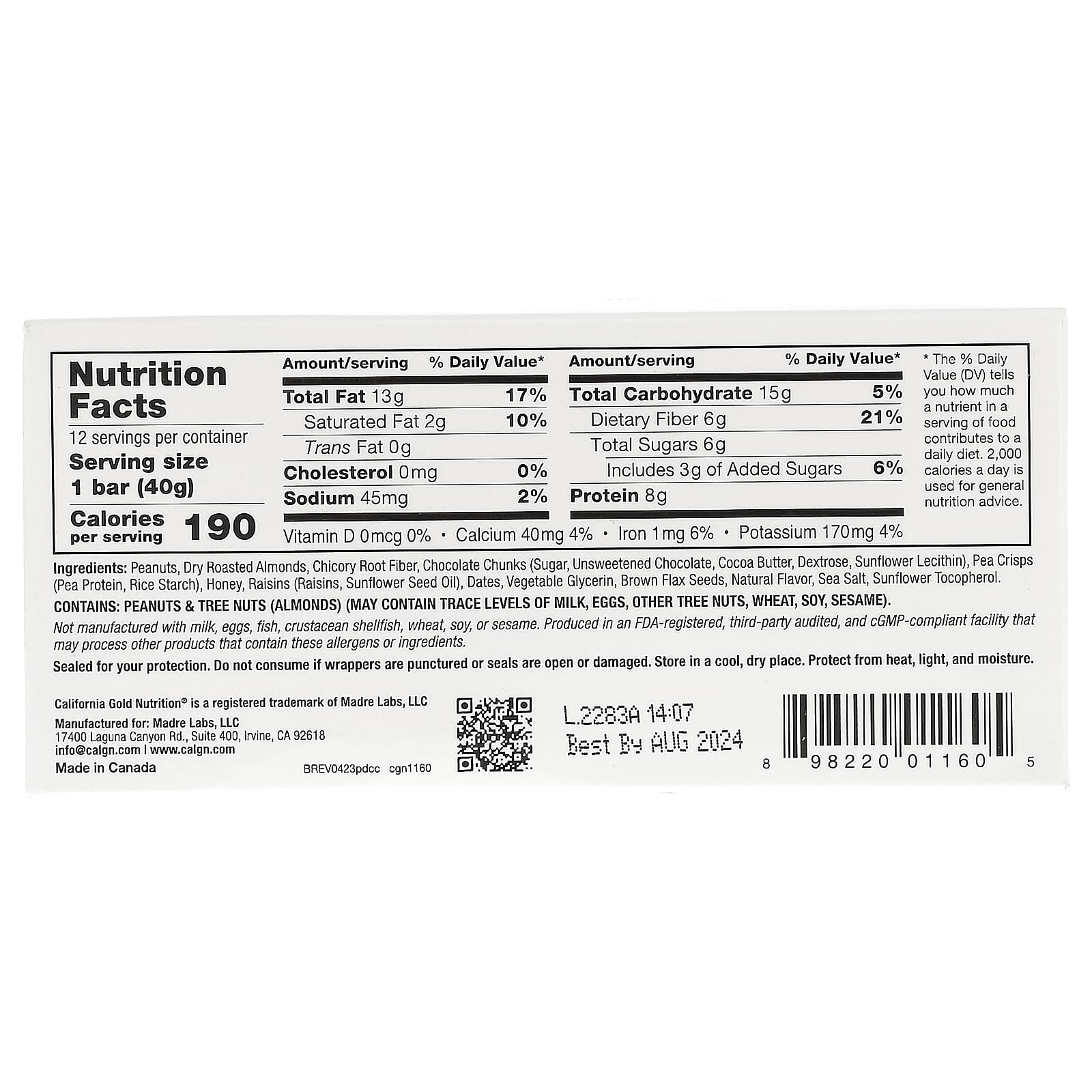 Peanut Dark Chocolate Snack Bars with Fiber & Protein | California Gold Nutrition - Image 2