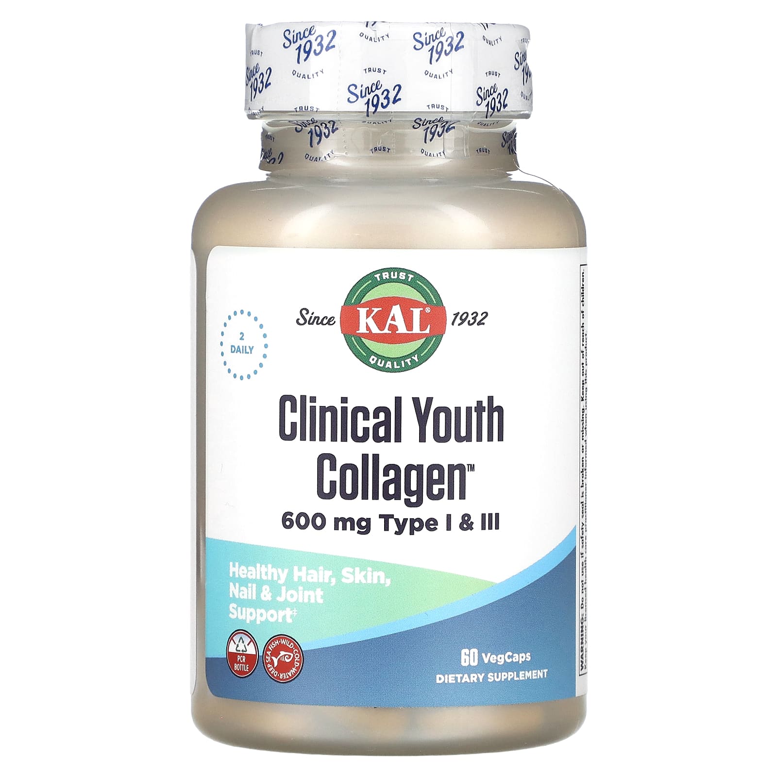 Youthful Skin, Hair, Nails & Joints with KAL Clinical Youth Collagen 60 VegCaps - Image 1