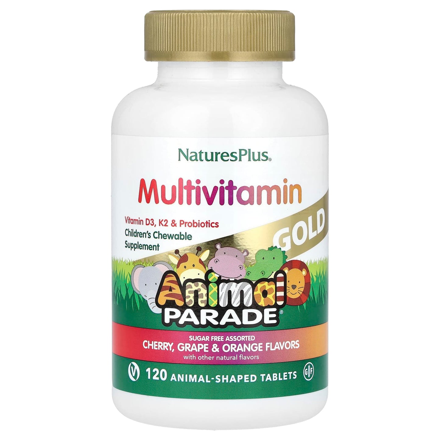 NaturesPlus, Animal Parade Gold®, Children's Chewable Multivitamin Supplement, Cherry, Grape & Orange, 120 Animal-Shaped Tablets - Image 1