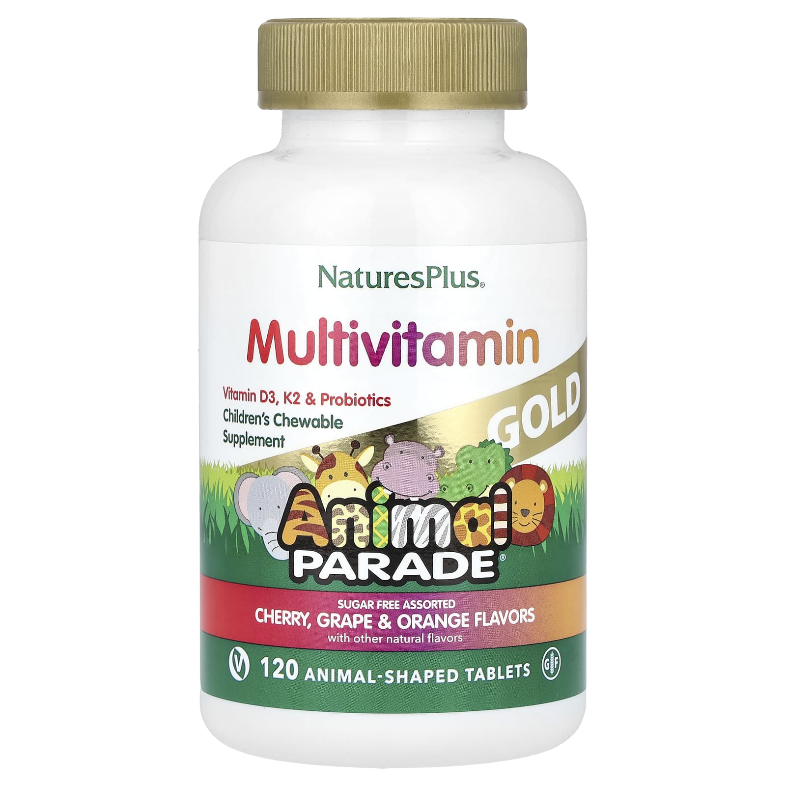 NaturesPlus, Animal Parade Gold®, Children's Chewable Multivitamin Supplement, Cherry, Grape & Orange, 120 Animal-Shaped Tablets - Image 1