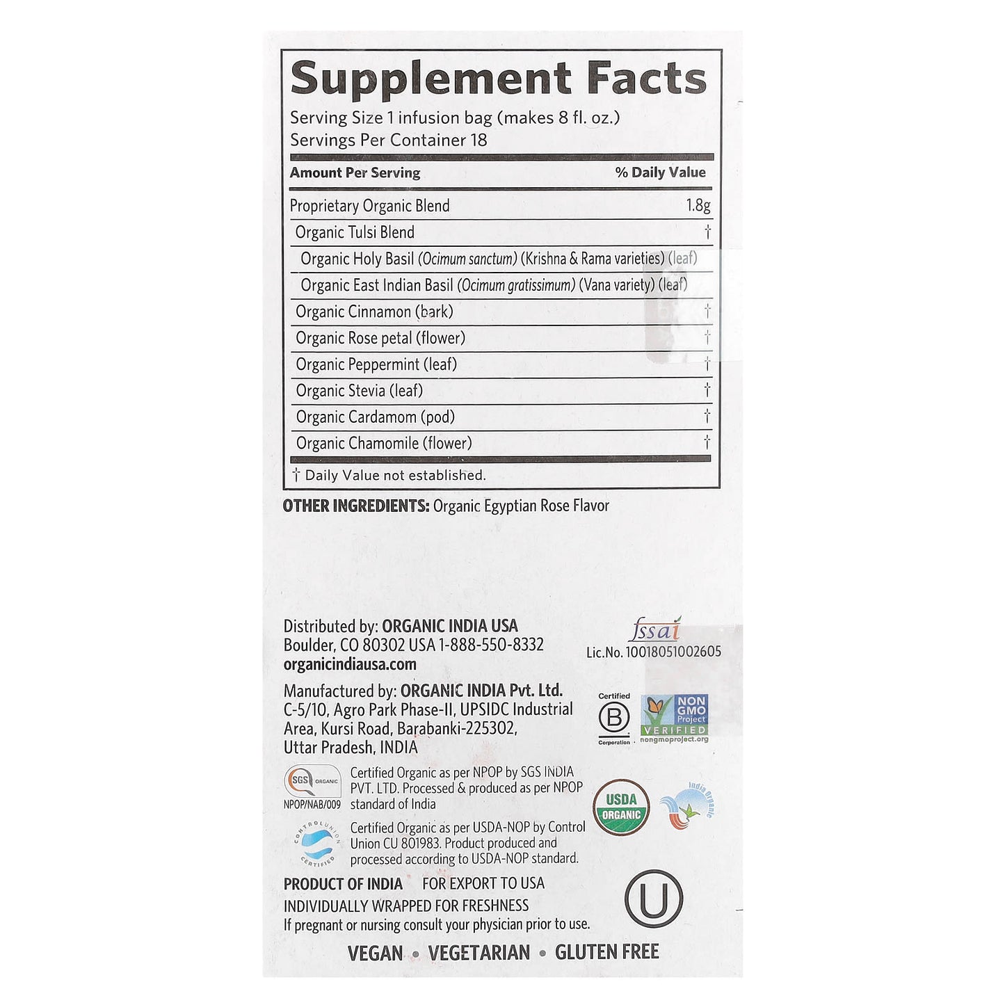 Organic India, Tulsi Tea, Cinnamon Rose, Caffeine-Free, 18 Infusion Bags, 1.14 oz (32.4 g) - Image 2