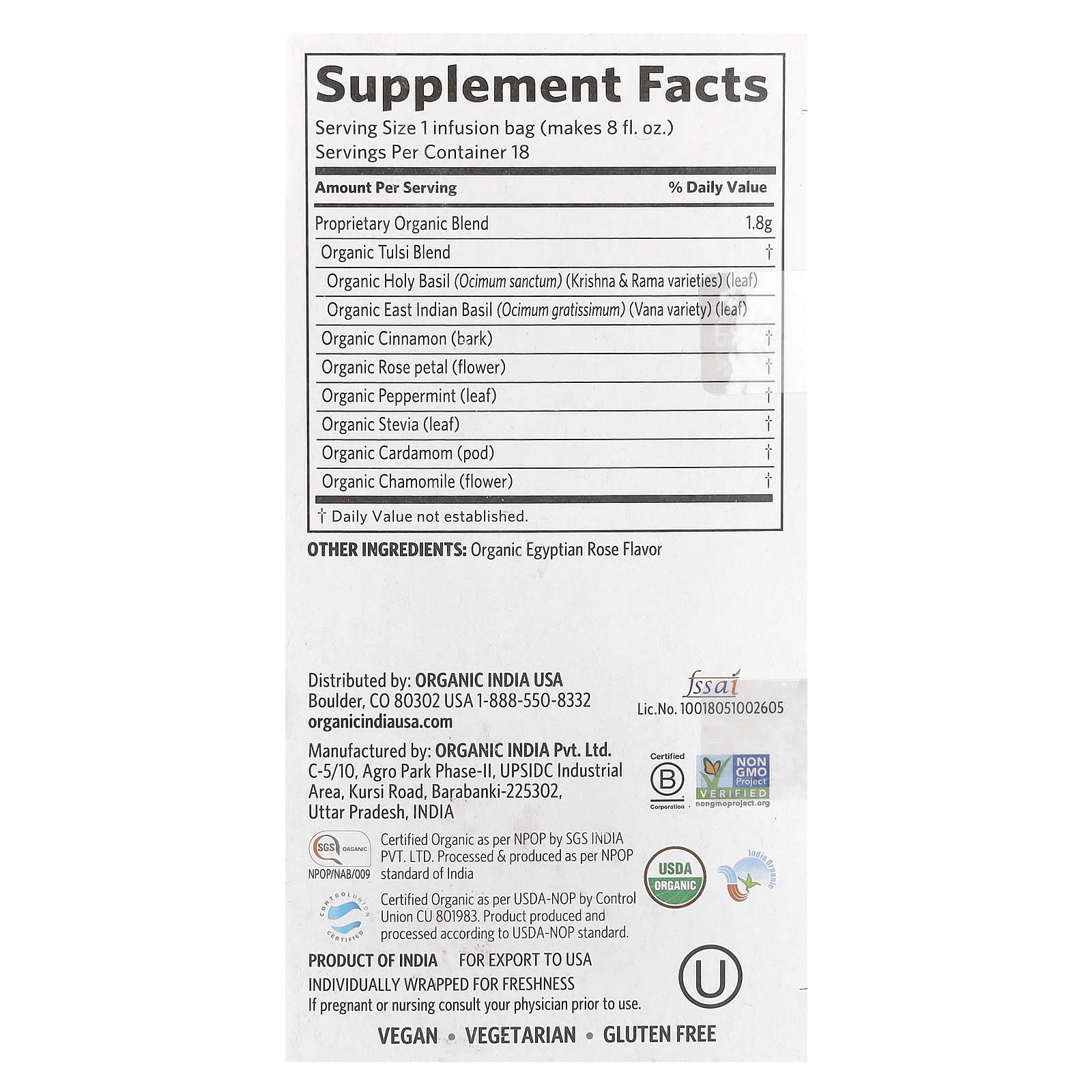 Organic India, Tulsi Tea, Cinnamon Rose, Caffeine-Free, 18 Infusion Bags, 1.14 oz (32.4 g)