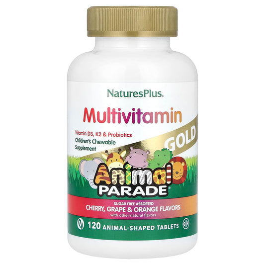 NaturesPlus, Animal Parade Gold®, Children's Chewable Multivitamin Supplement, Cherry, Grape & Orange, 120 Animal-Shaped Tablets - Image 1