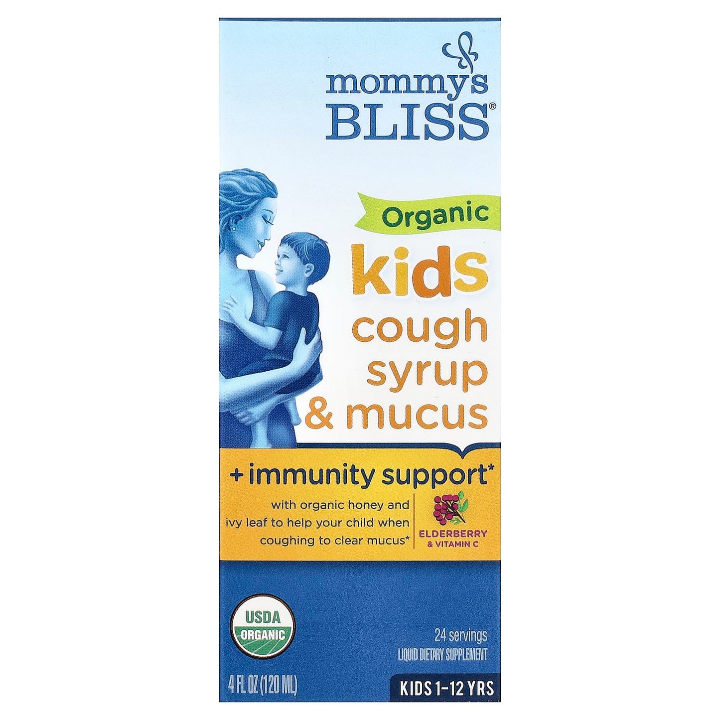 Mommy's Bliss, Kids, Organic Cough Syrup & Mucus + Immunity Support, 1-12 Yrs, Elderberry, 4 fl oz (120 ml) - Image 1