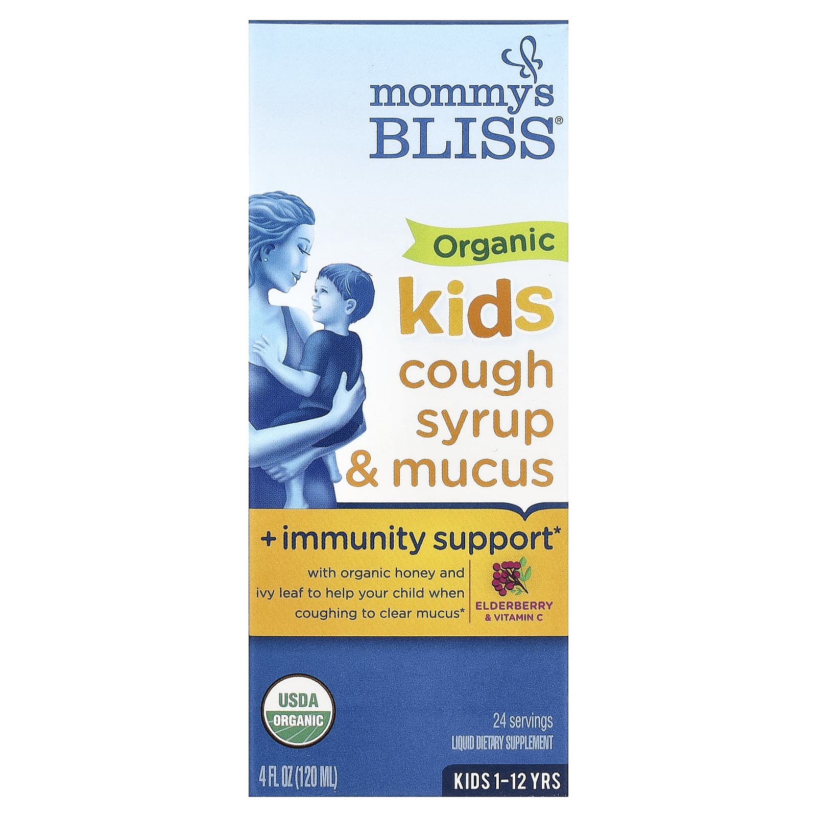 Mommy's Bliss, Kids, Organic Cough Syrup & Mucus + Immunity Support, 1-12 Yrs, Elderberry, 4 fl oz (120 ml) - Image 1