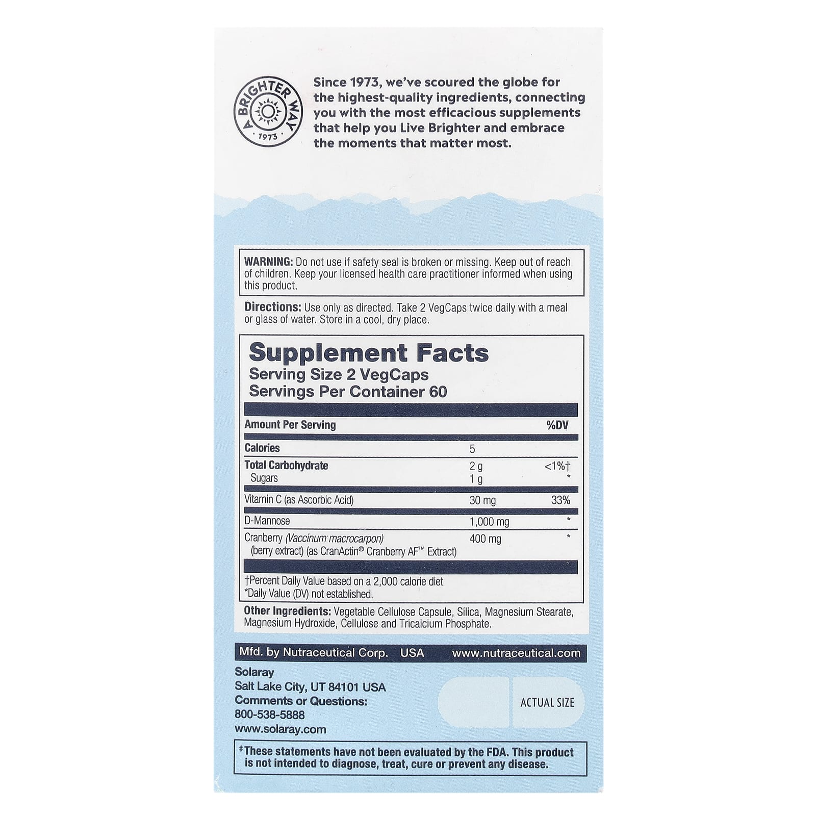 Solaray, CranActin® D-Mannose, 1,000 mg, 120 VegCaps (500 mg per VegCap) - Image 2