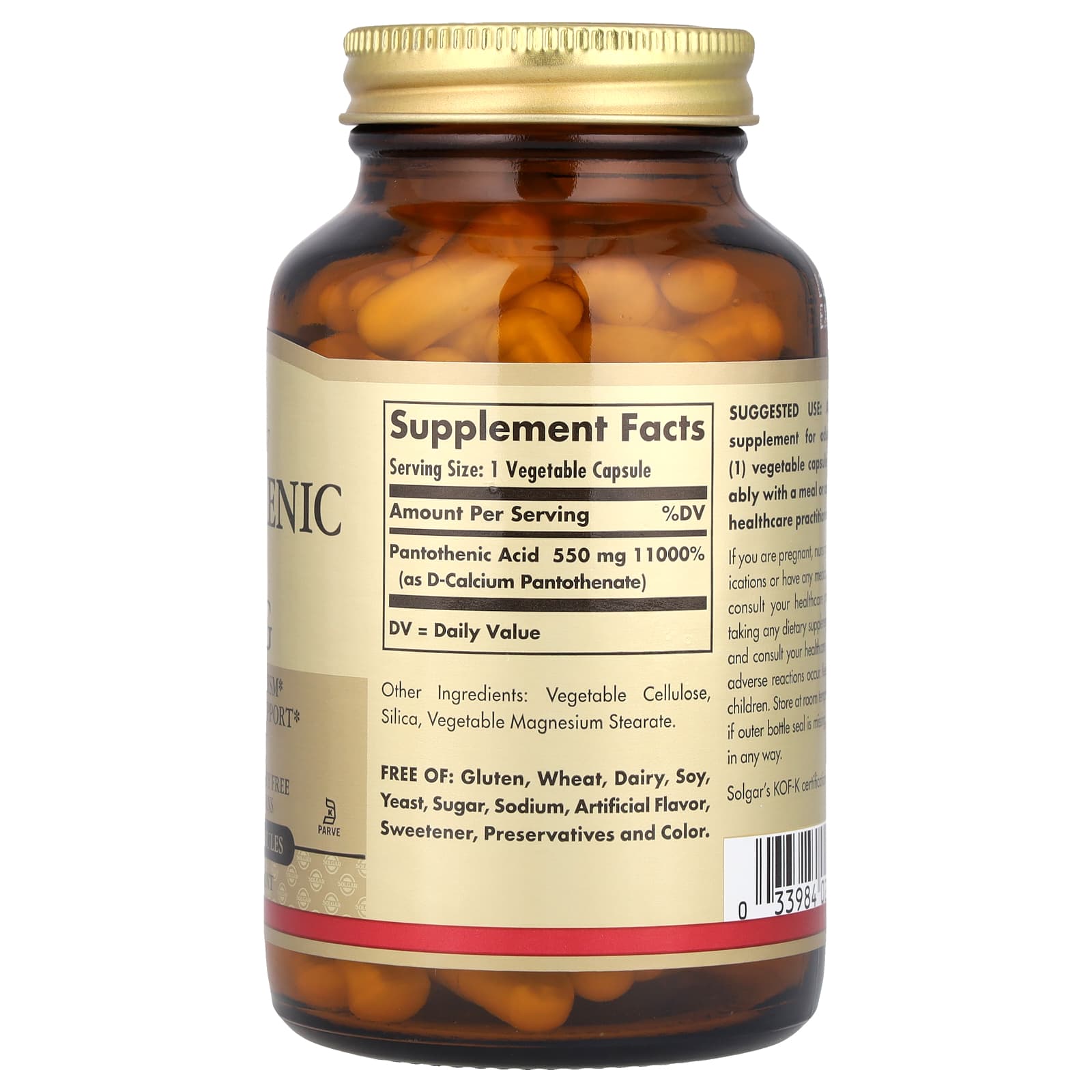 Solgar, Pantothenic Acid, 550 mg, 100 Vegetable Capsules - Image 2