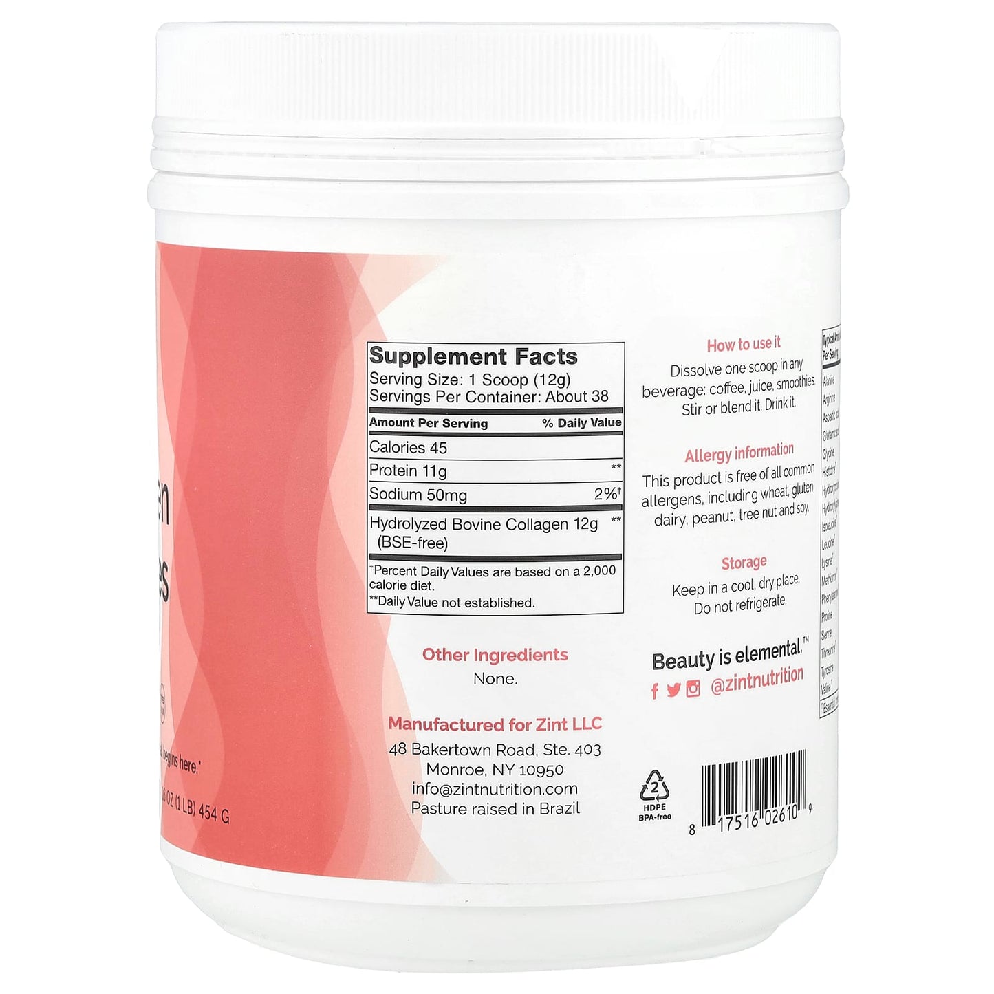 Zint, Pure Grass-Fed Collagen Peptides, Unflavored, Container, 16 oz (454 g) - Image 2
