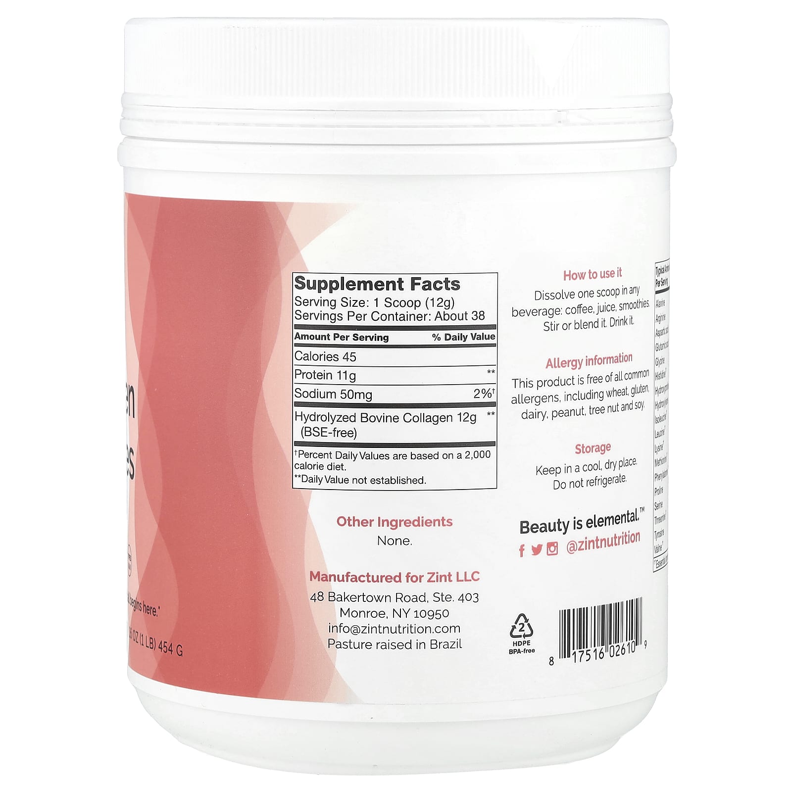 Zint, Pure Grass-Fed Collagen Peptides, Unflavored, Container, 16 oz (454 g) - Image 2