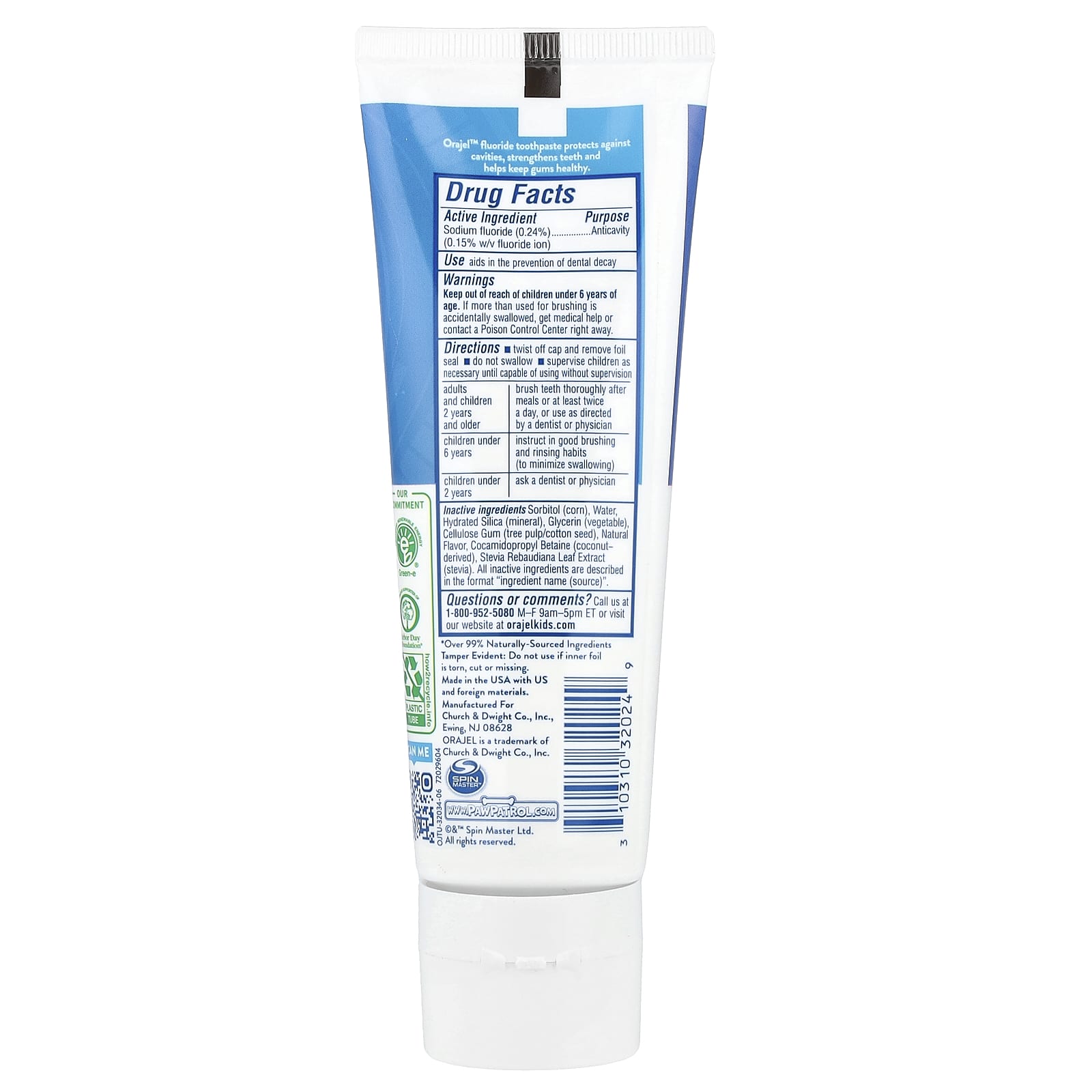 Orajel, Kids, Paw Patrol™ Anticavity Fluoride Toothpaste, 2-10 Years, Natural Fruity Bubble, 4.2 oz (119 g) - Image 2