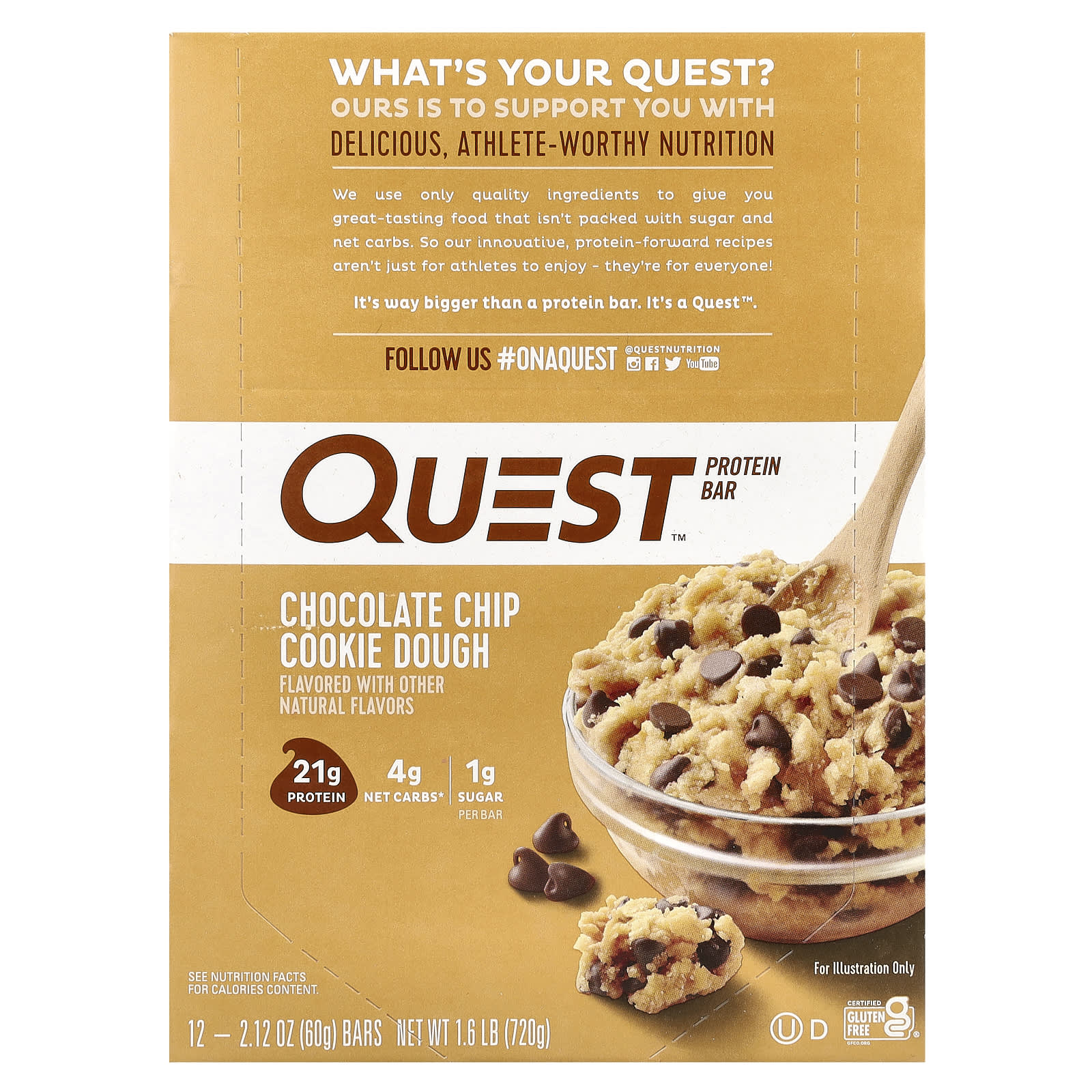 Quest Nutrition, Protein Bar, Chocolate Chip Cookie Dough, 12 Bars, 2.12 oz (60 g) Each - Image 1