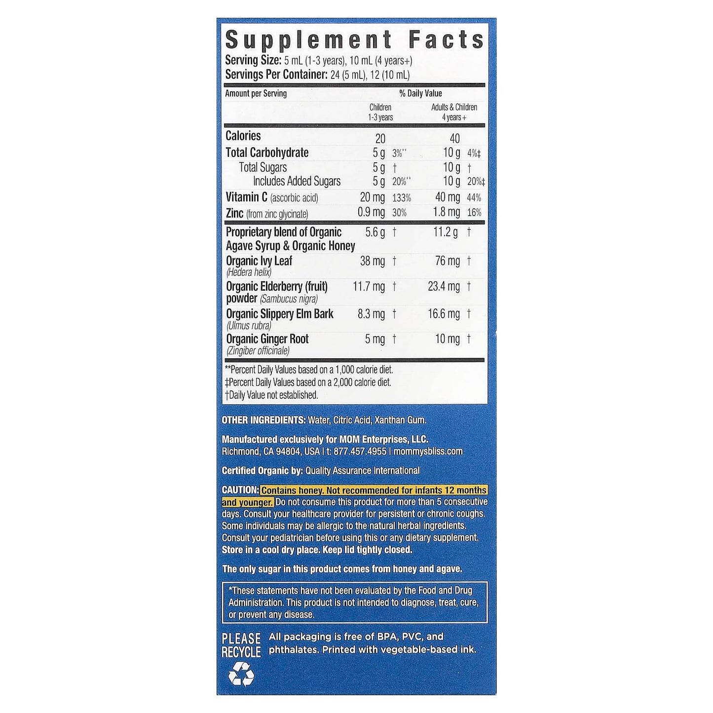 Mommy's Bliss, Kids, Organic Cough Syrup & Mucus + Immunity Support, 1-12 Yrs, Elderberry, 4 fl oz (120 ml) - Image 2