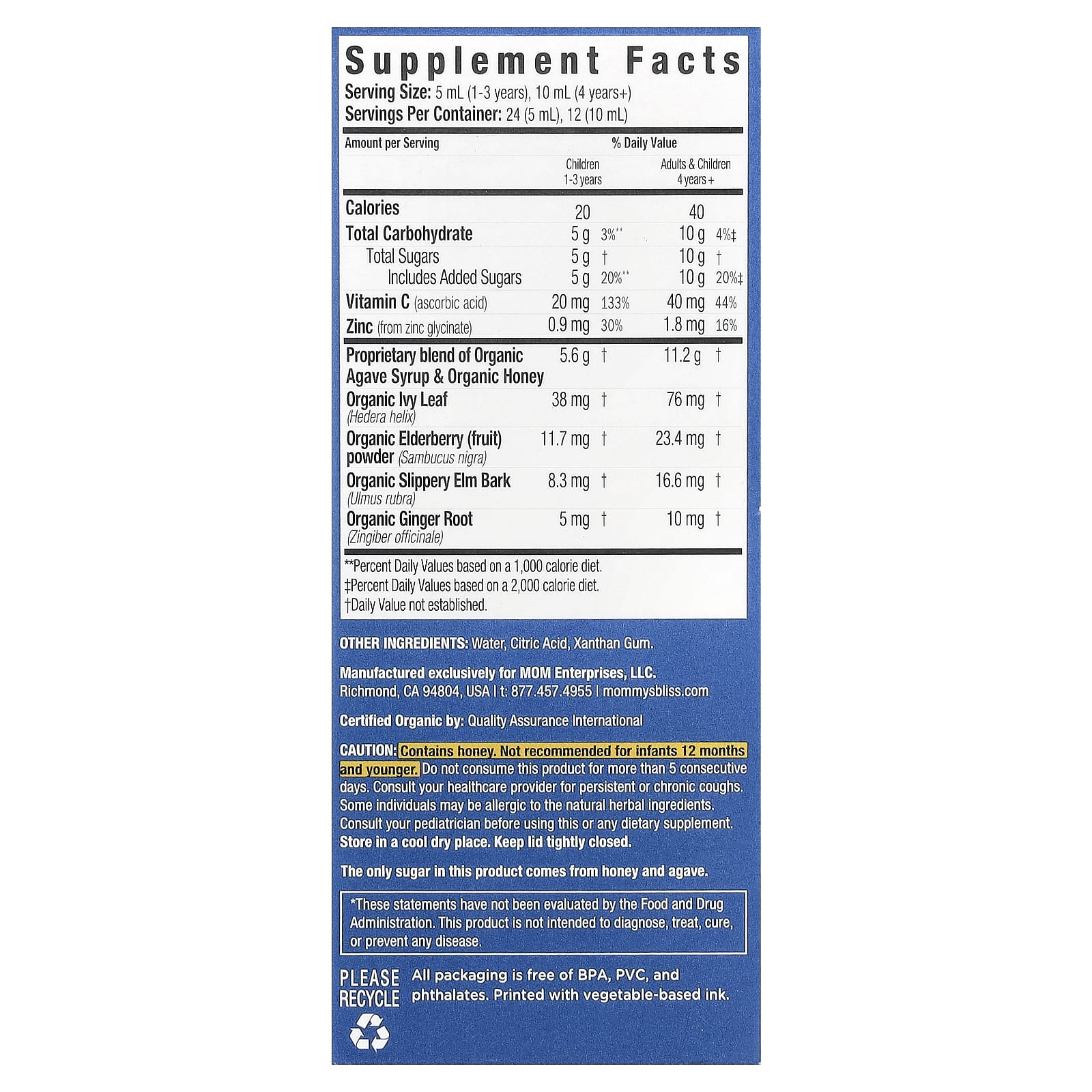 Mommy's Bliss, Kids, Organic Cough Syrup & Mucus + Immunity Support, 1-12 Yrs, Elderberry, 4 fl oz (120 ml) - Image 2