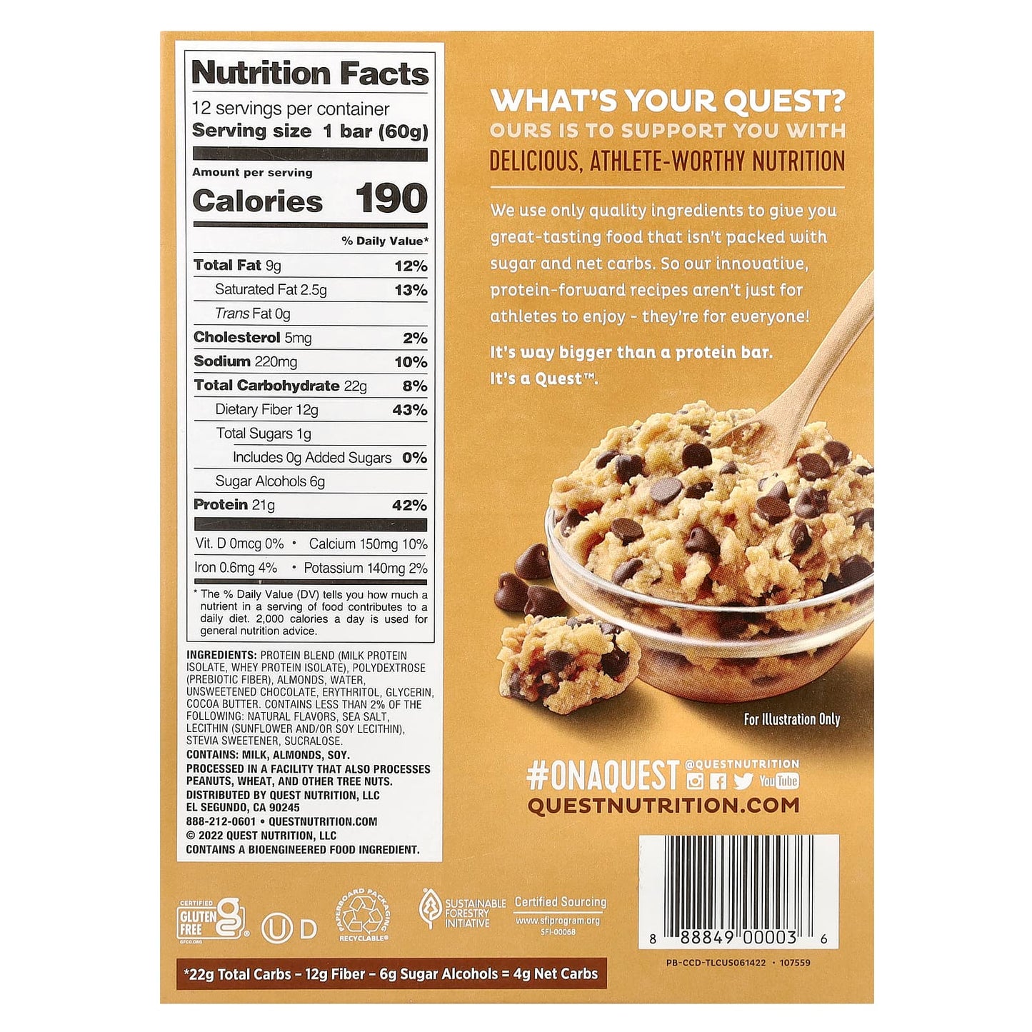 Quest Nutrition, Protein Bar, Chocolate Chip Cookie Dough, 12 Bars, 2.12 oz (60 g) Each - Image 2