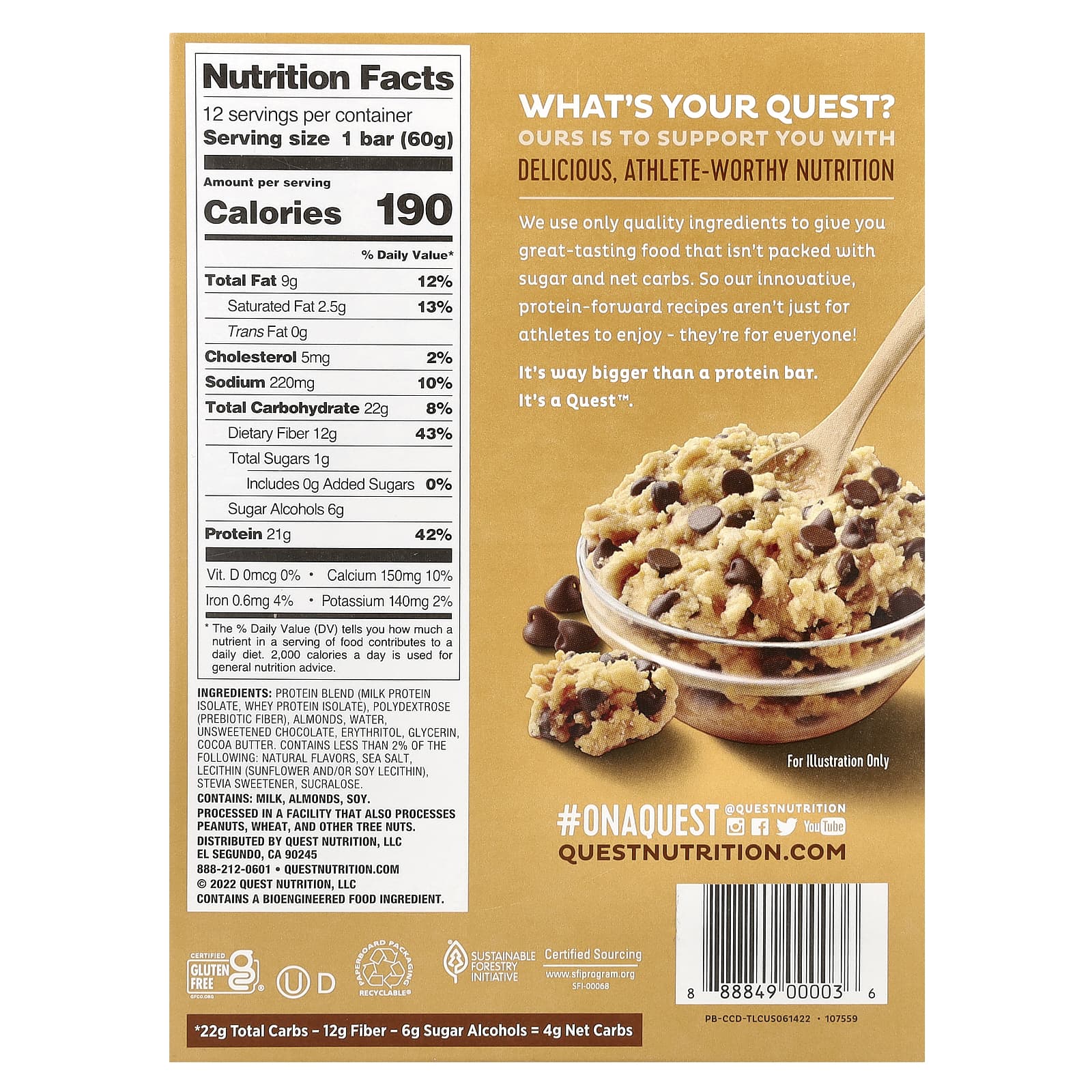 Quest Nutrition, Protein Bar, Chocolate Chip Cookie Dough, 12 Bars, 2.12 oz (60 g) Each - Image 2