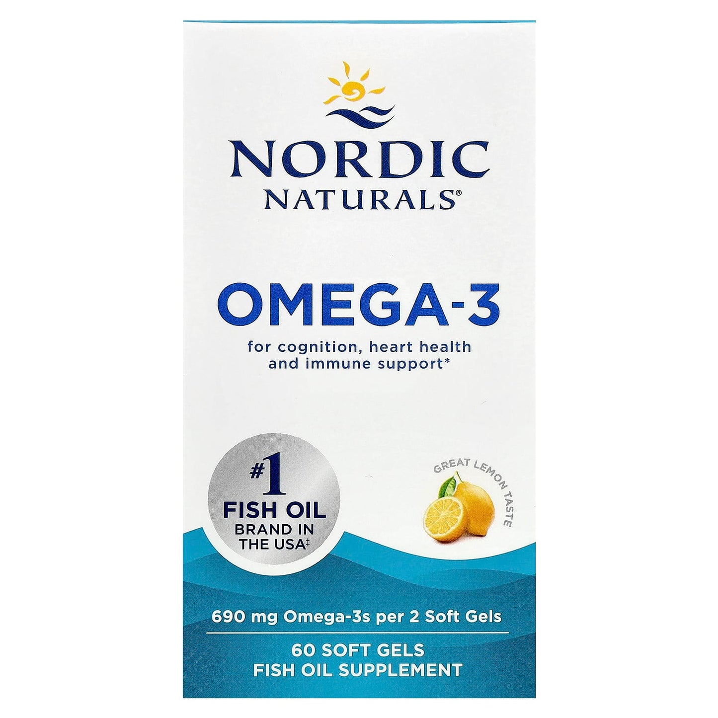 Nordic Naturals, Omega-3, Lemon, 60 Soft Gels (345 mg per Soft Gel) - Image 1