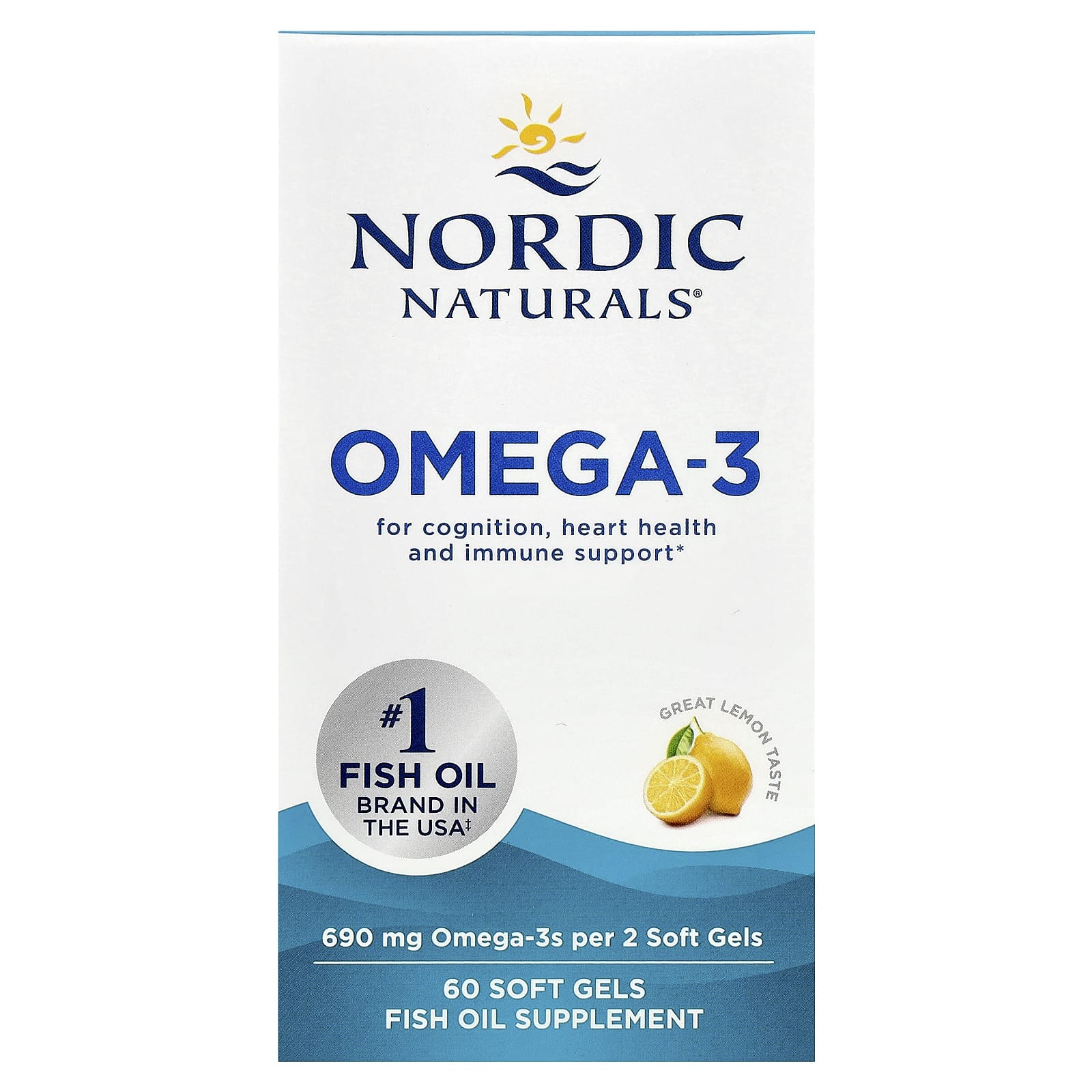 Nordic Naturals, Omega-3, Lemon, 60 Soft Gels (345 mg per Soft Gel) - Image 1