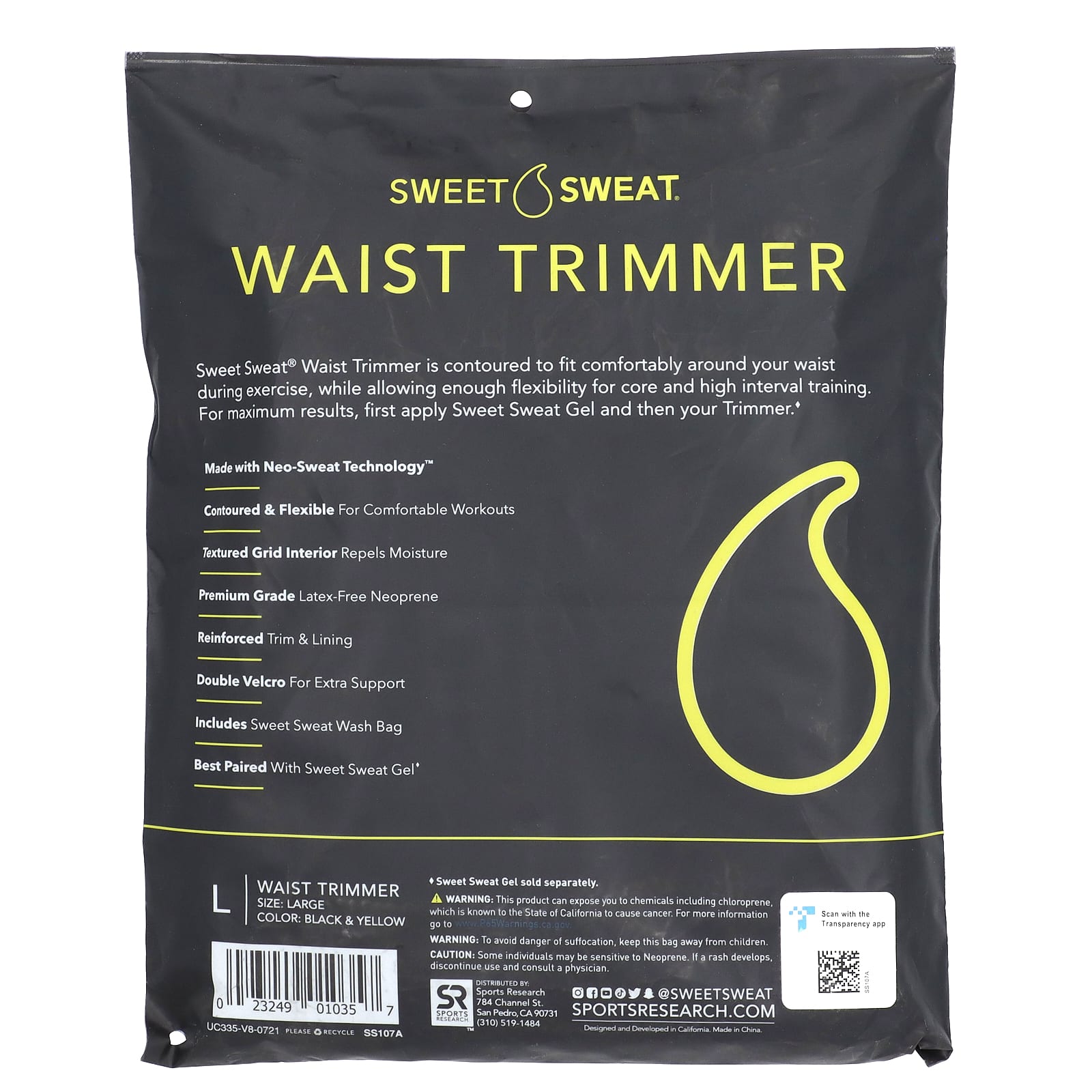 Sports Research, Sweet Sweat®, Waist Trimmer, Large, Black & Yellow, 1 Belt - Image 2