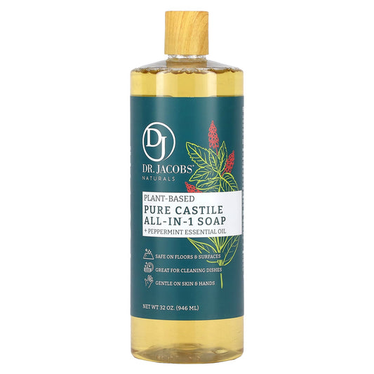 Plant-Based Peppermint Castile Soap, 32 oz, Non-GMO & Vegan - Image 1