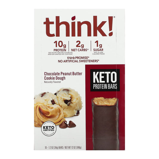 Think !, Keto Protein Bars, Chocolate Peanut Butter Cookie Dough, 10 Bars, 1.2 oz (34 g) Each - Image 1