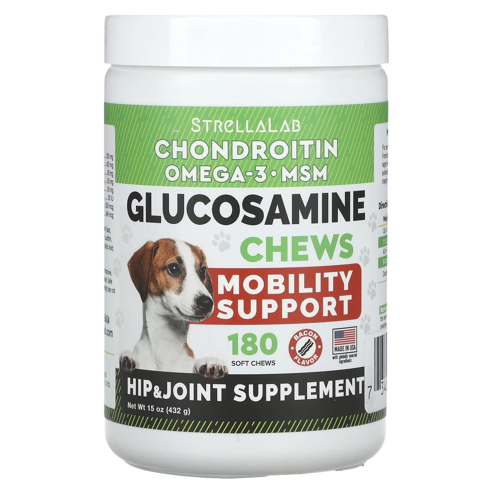 StrellaLab, Glucosamine Chews, For Dogs and Cats, Bacon, 180 Soft Chews, 15 oz (432 g) - Image 1