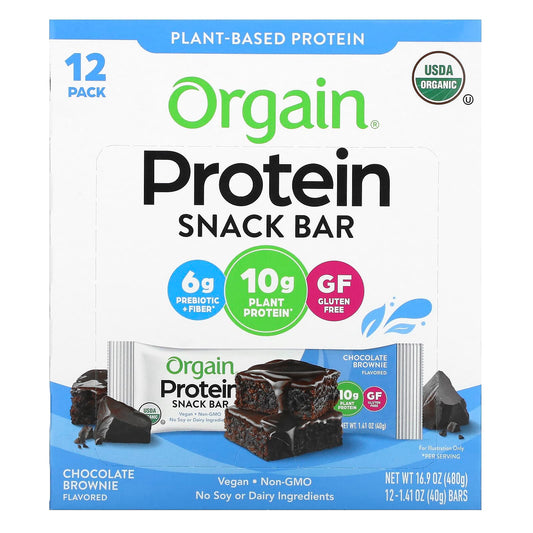 Orgain, Protein Snack Bar, Chocolate Brownie, 12 Bars, 1.41 oz (40 g) Each - Image 1