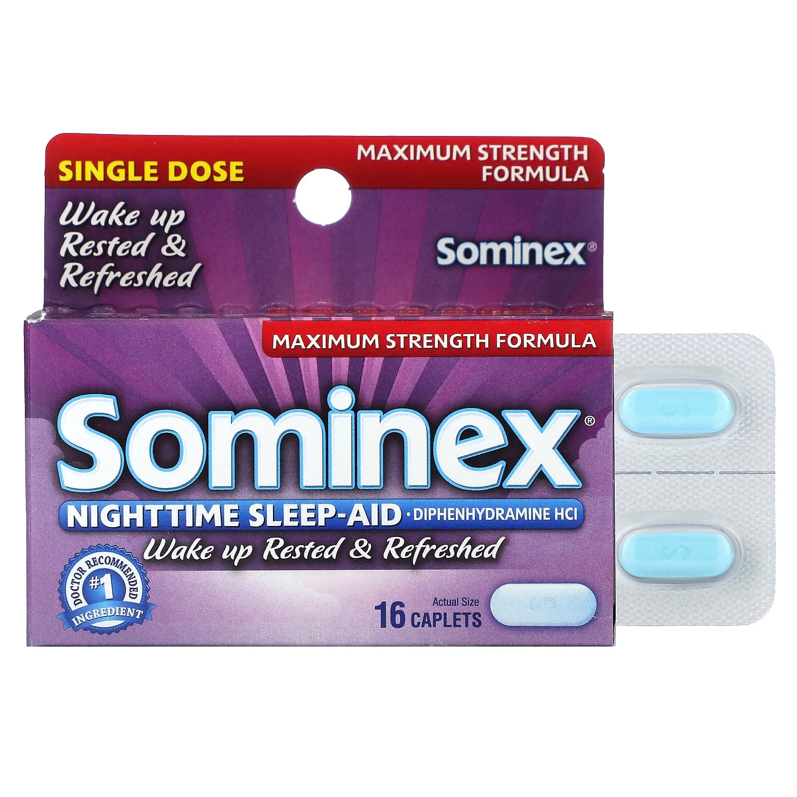 Sominex, Nighttime Sleep-Aid, Maximum Strength Formula, 50 mg, 16 Caplets - Image 1
