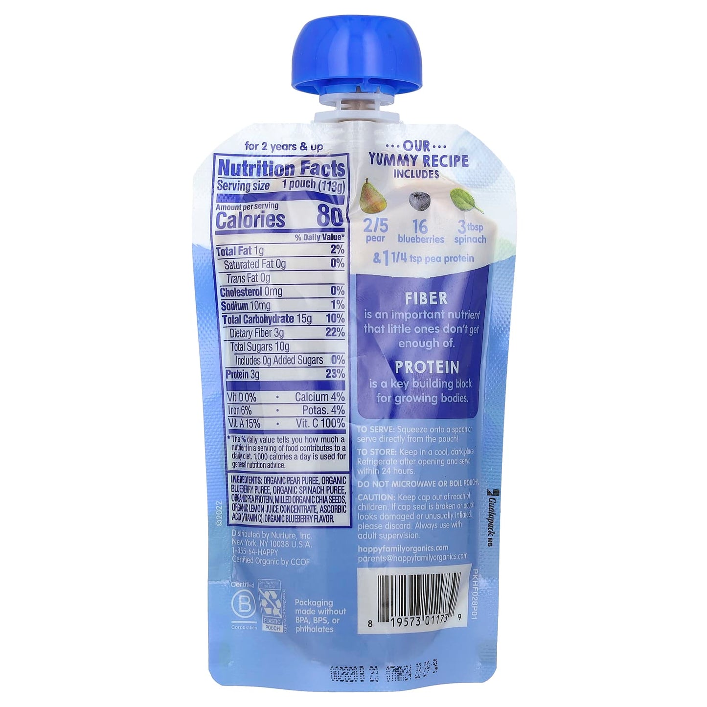 Happy Family Organics Organic Baby Food Pears, Blueberries & Spinach 4oz - Image 2
