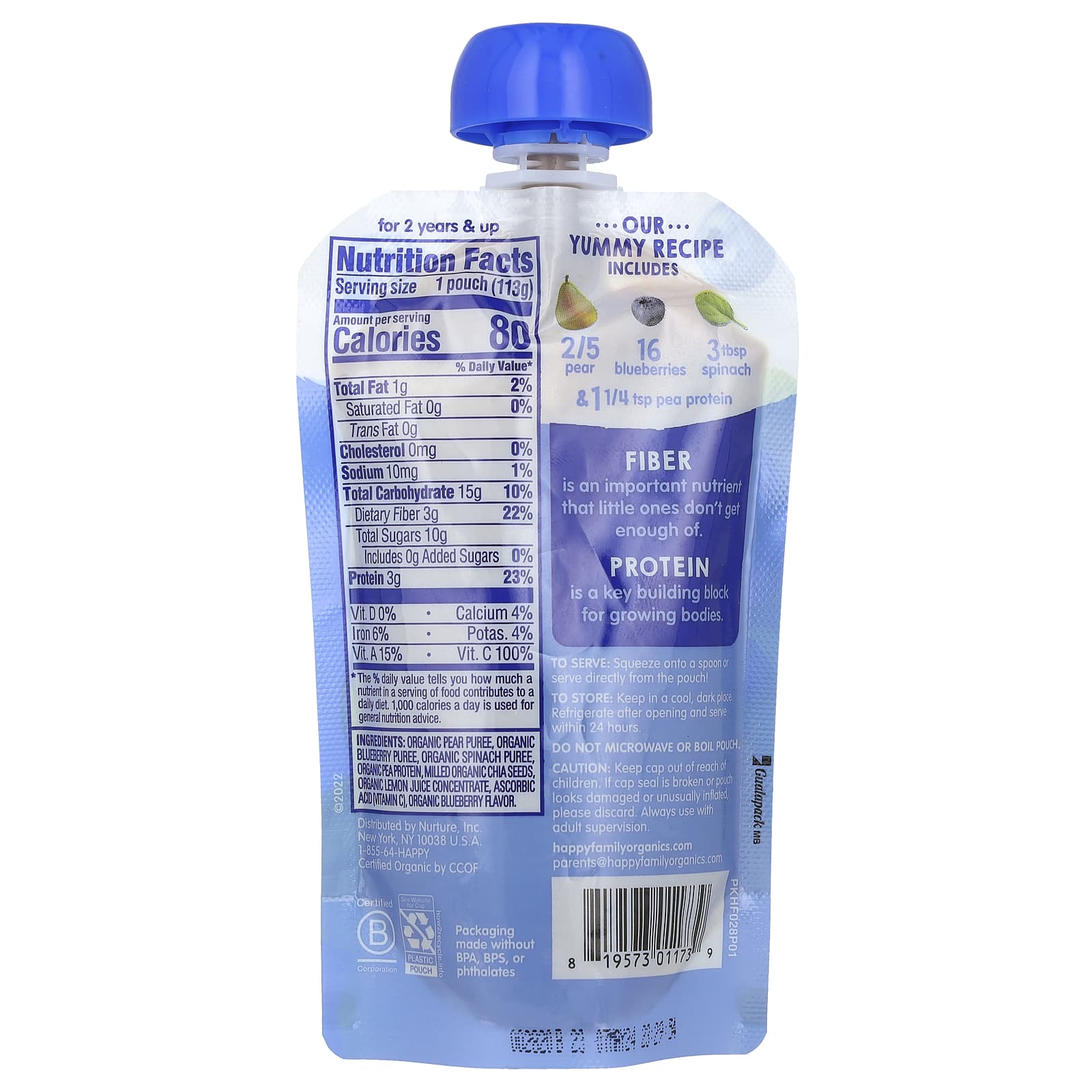 Happy Family Organics Organic Baby Food Pears, Blueberries & Spinach 4oz - Image 2