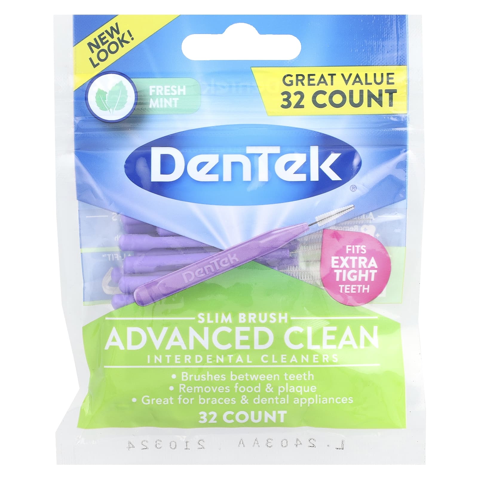 DenTek Slim Brush Interdental Cleaners, Advanced Clean, Fresh Mint, 32 Count - Image 1