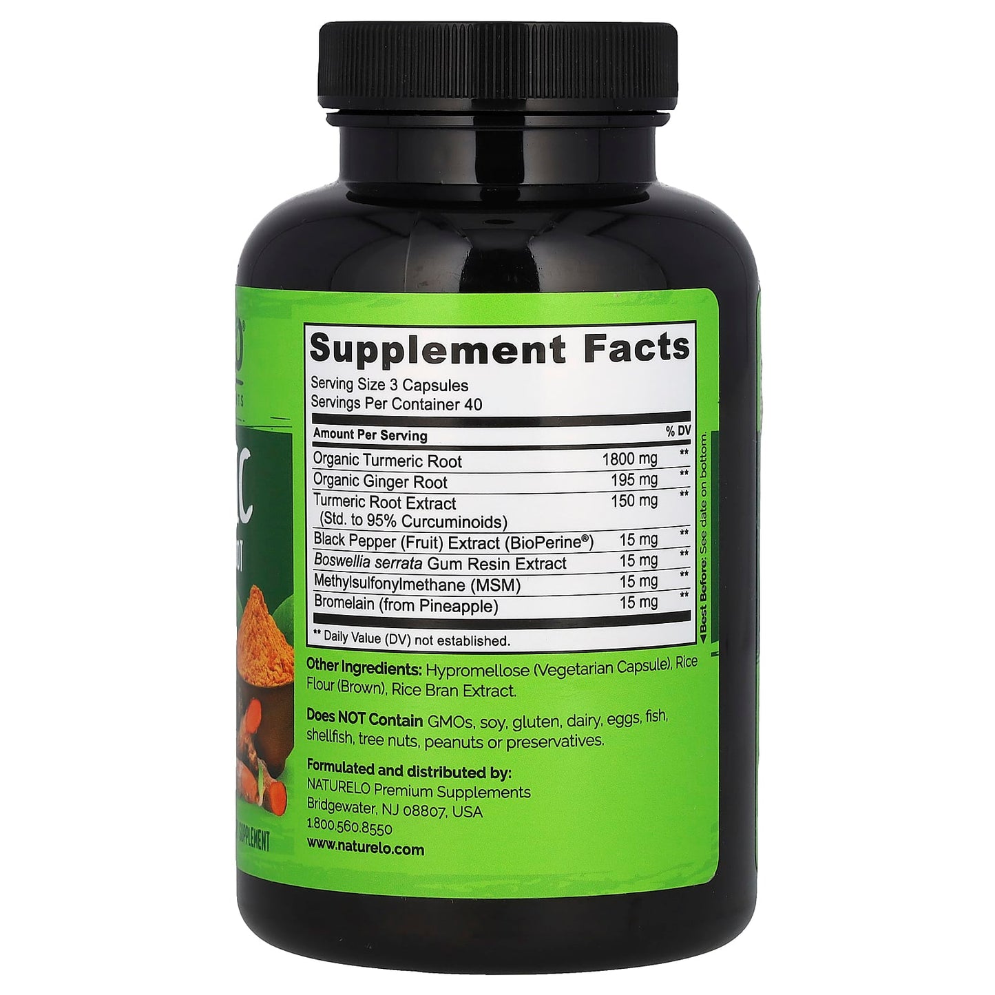 NATURELO, Turmeric Curcumin & Ginger Root With Bioperine®, 120 Vegetarian Capsules - Image 2