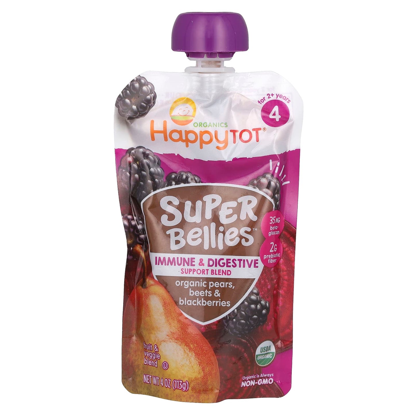 Happy Family Organics Super Bellies for Toddlers, Organic Pears, Beets & Blackberries, 4 oz - Image 1