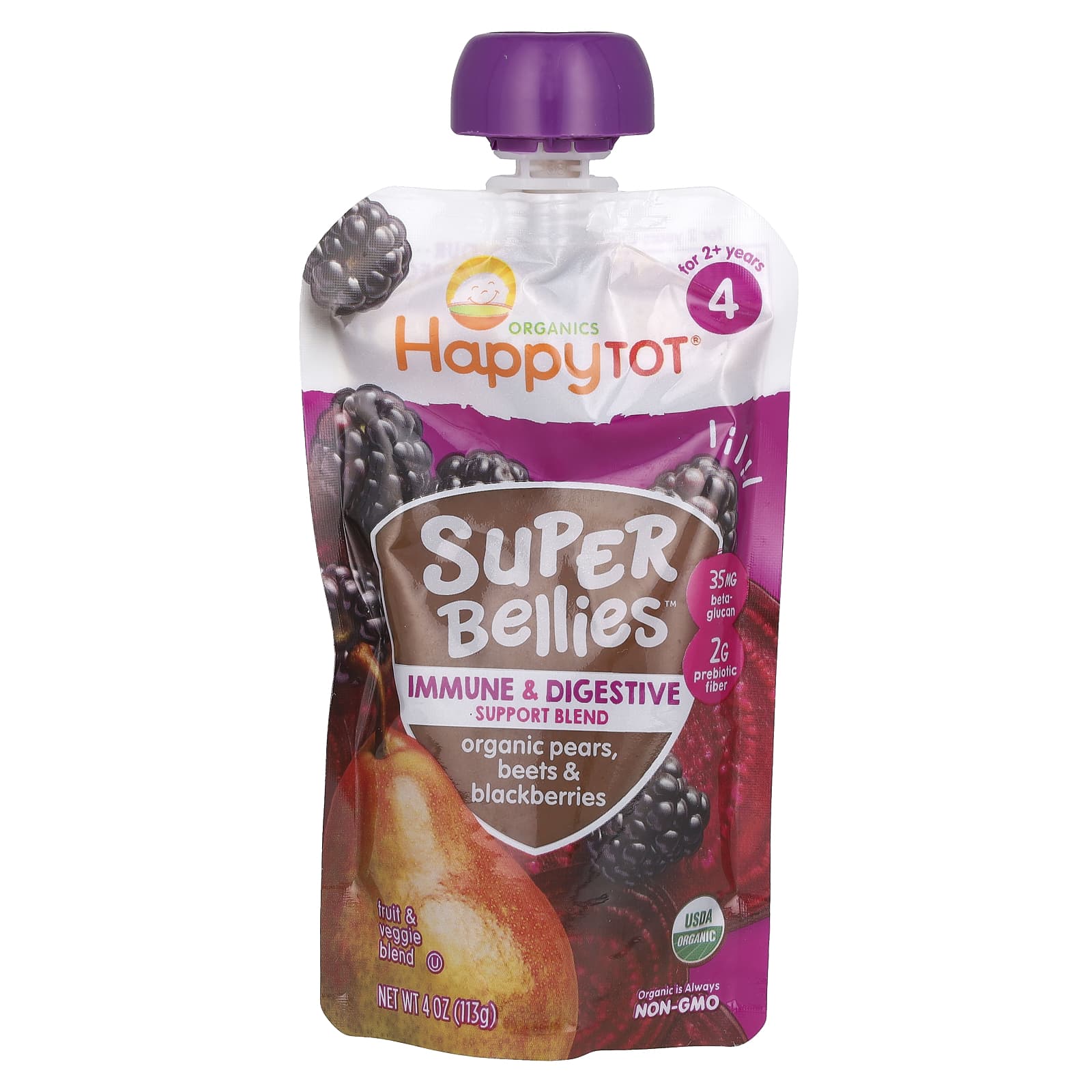Happy Family Organics Super Bellies for Toddlers, Organic Pears, Beets & Blackberries, 4 oz - Image 1