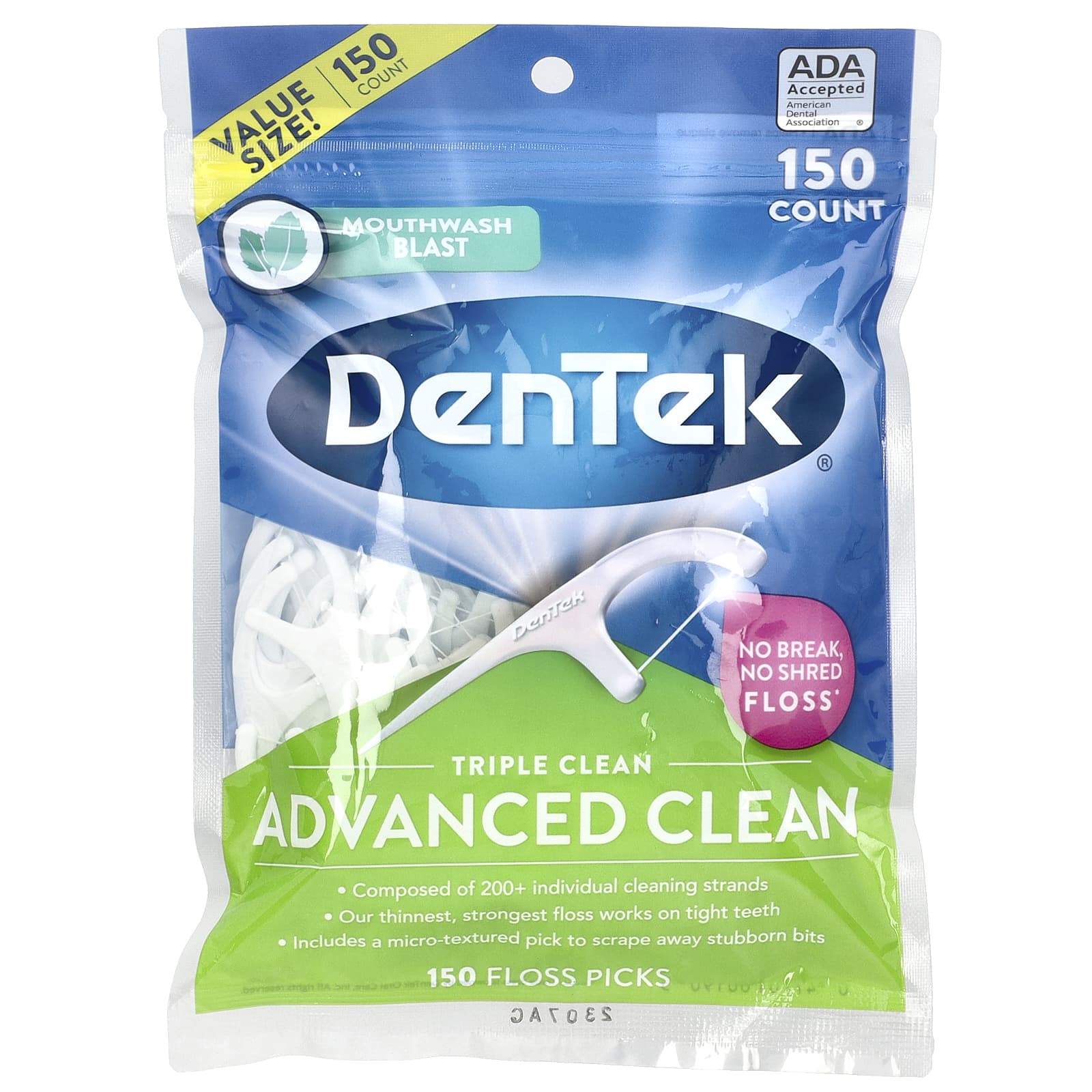 DenTek Advanced Clean Floss Picks, Mouthwash Blast, 150 Pks, Gingivitis Prevention - Image 1