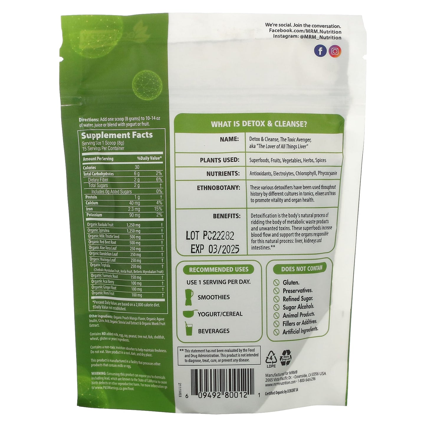 MRM Nutrition, Organic Detox & Cleanse Powder, Peach Mango, 4.2 oz (120 g) - Image 2