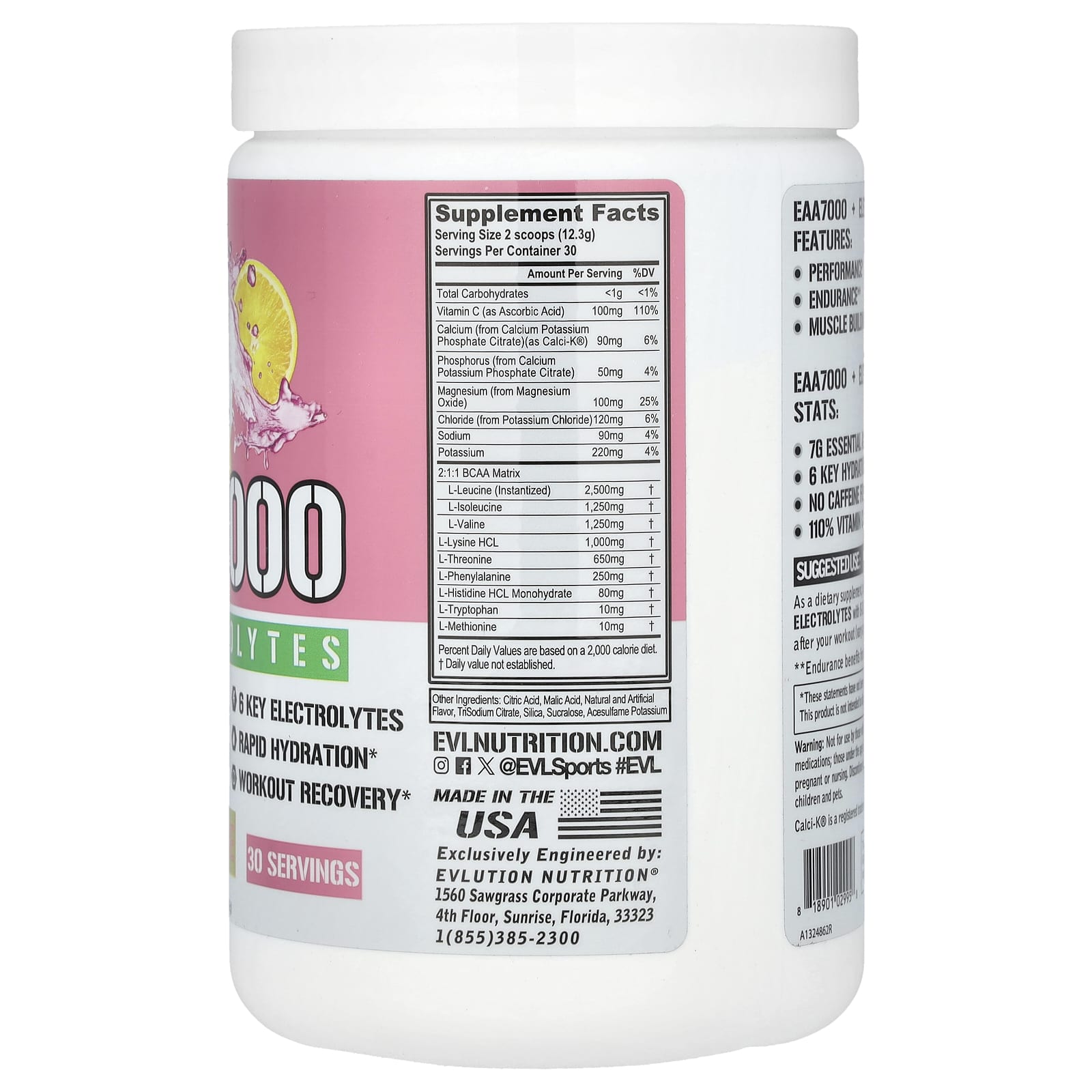 EVLution Nutrition EAA 7000 + Electrolytes, 13 oz (369 g) - Pink Lemonade - Image 2