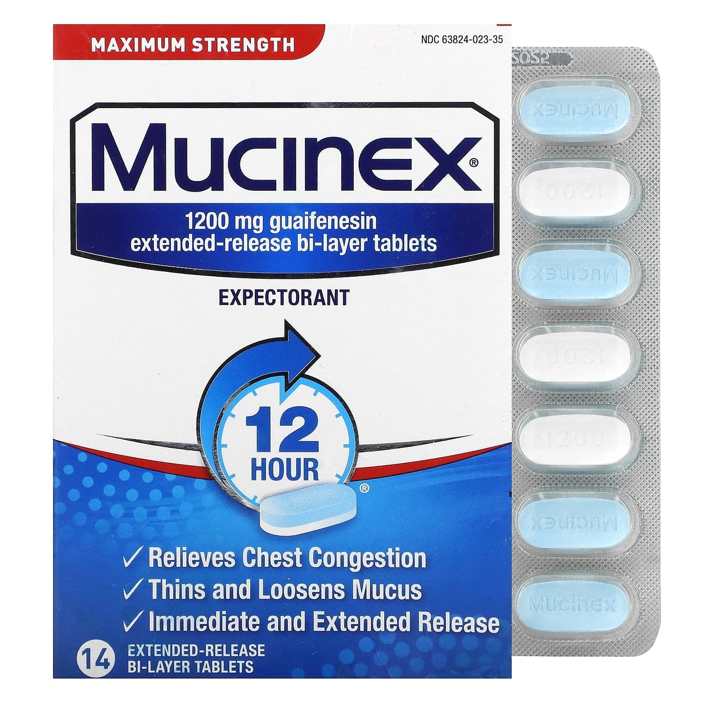 Mucinex, 12 Hour Chest Congestion, Maximum Strength, 1,200 mg, 14 Extended-Release Bi-Layer Tablets - Image 1