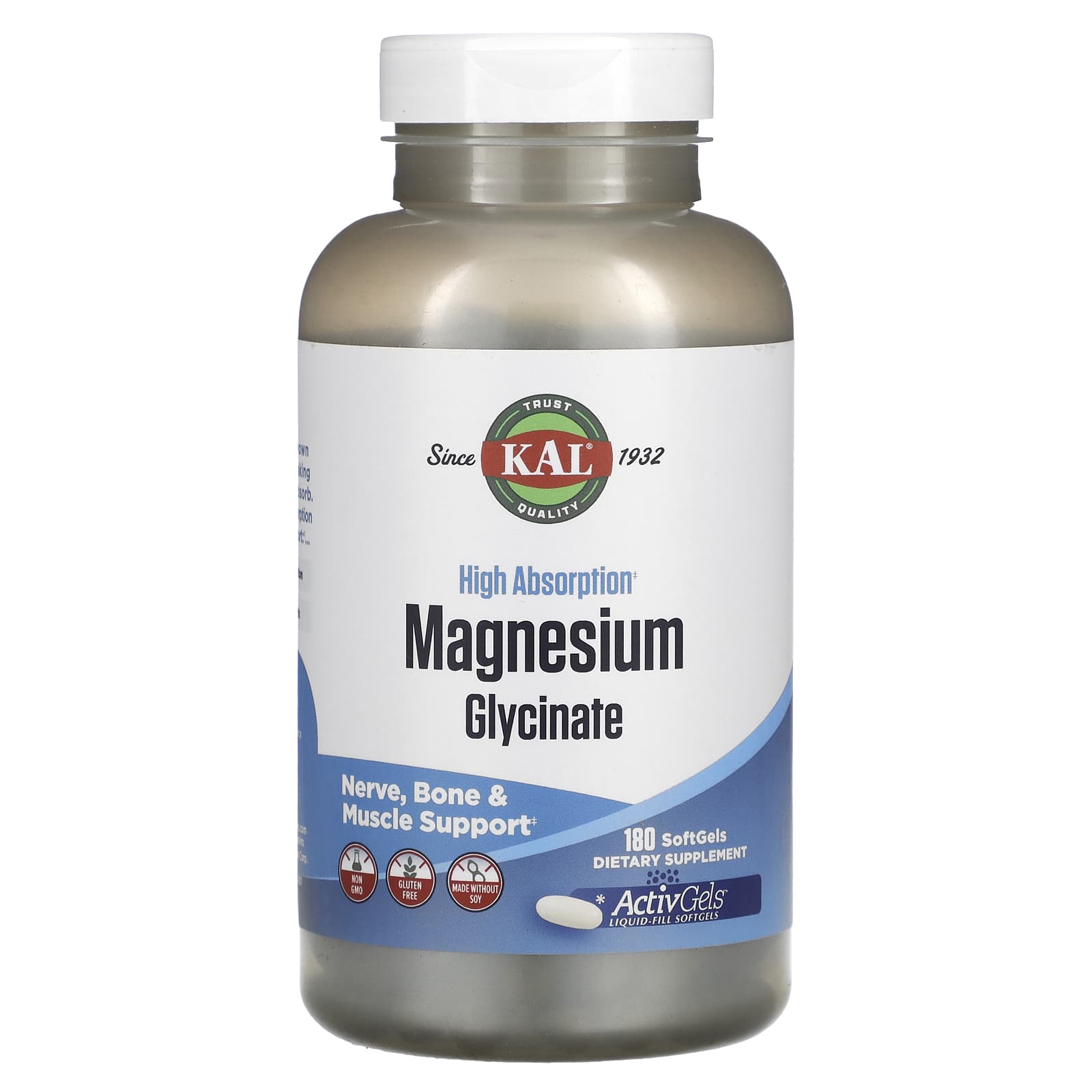 KAL, High Absorption Magnesium Glycinate, 180 Softgels (105 mg per Softgel)