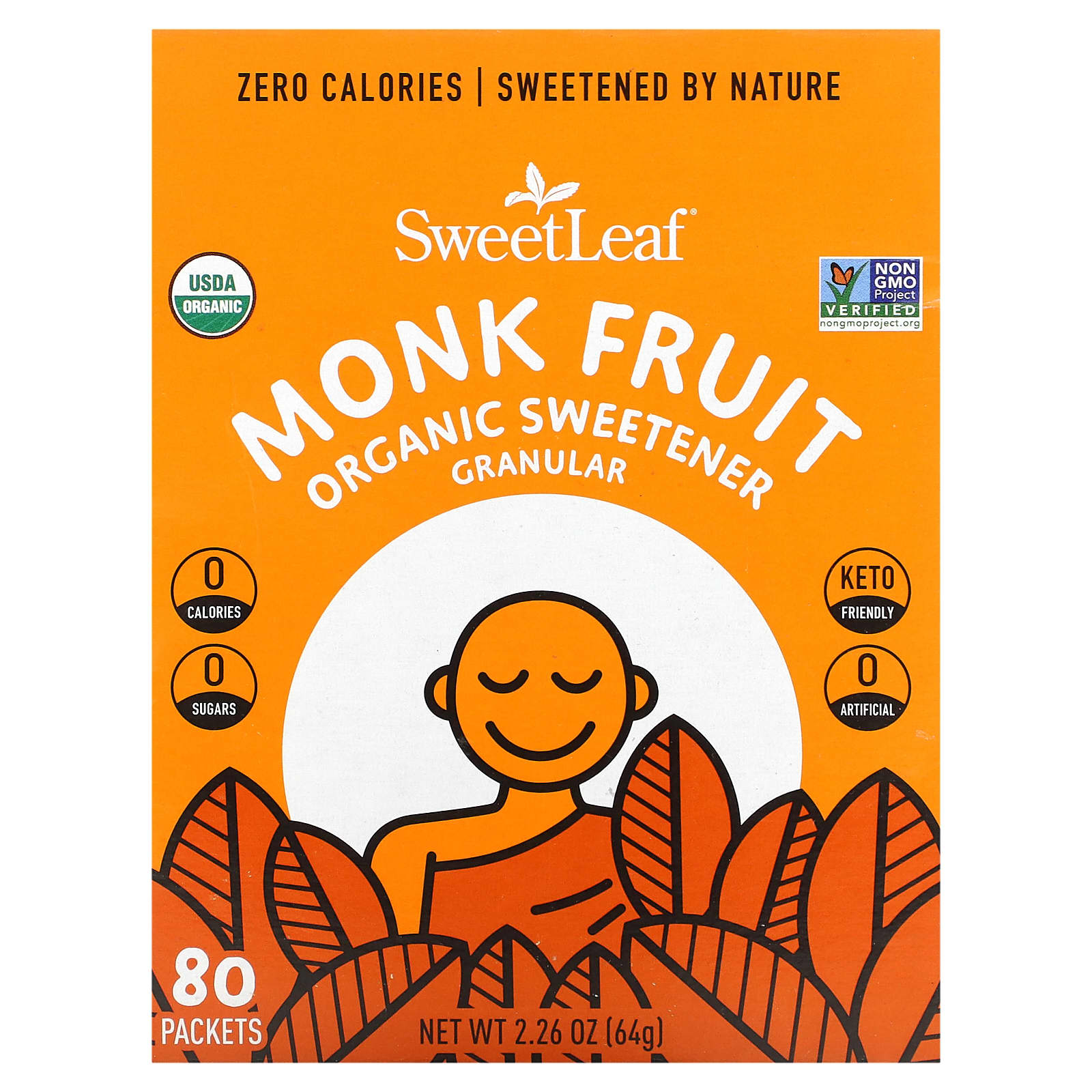 SweetLeaf Stevia, Monk Fruit Organic Sweetener Granular, 80 Packets, 2.26 oz (64 g) - Image 1