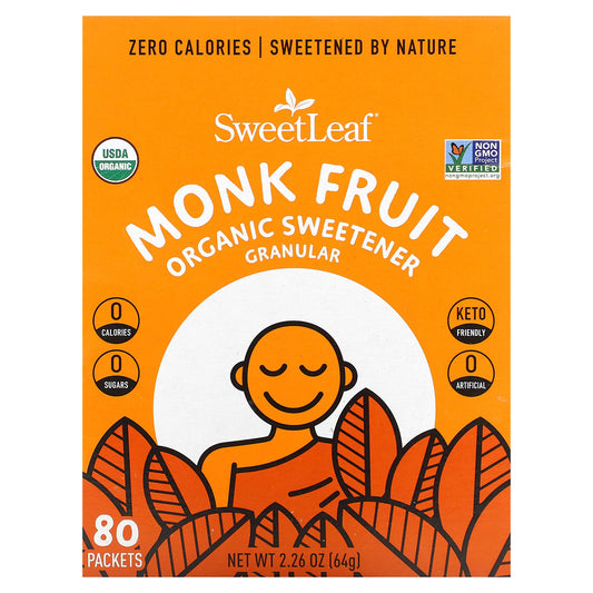 SweetLeaf Stevia, Monk Fruit Organic Sweetener Granular, 80 Packets, 2.26 oz (64 g) - Image 1