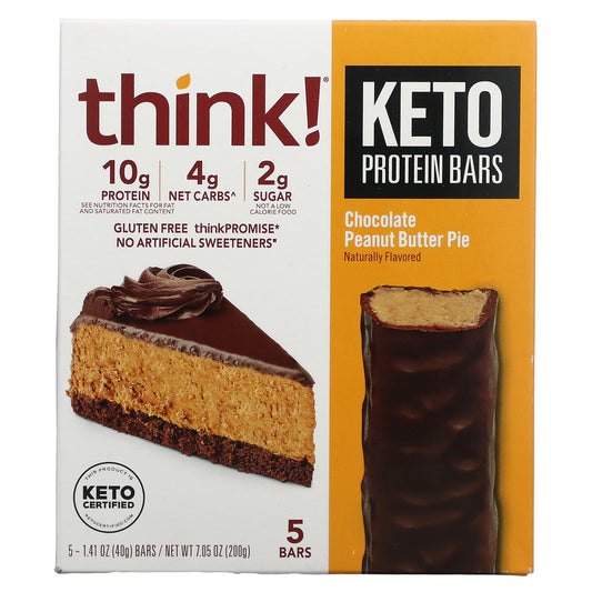 Think !, Keto Protein Bars, Chocolate Peanut Butter Pie, 5 Bars, 1.41 oz (40 g) Each - Image 1