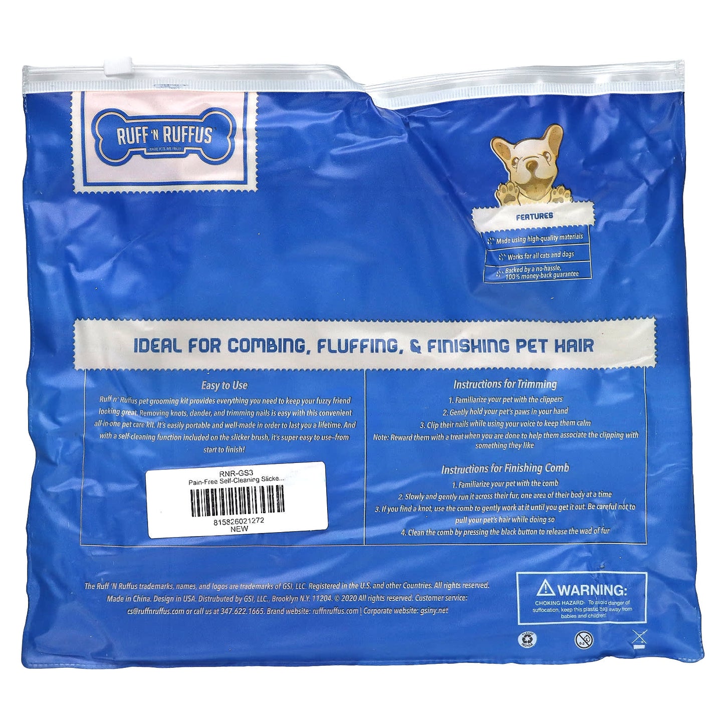 Ruff 'N Ruffus, Grooming Kit for Cats And Dogs, Blue, 1 Silicone Gel Filled Handle - Image 2