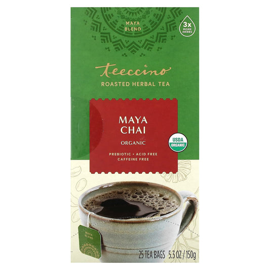 Teeccino, Organic Roasted Herbal Tea, Maya Chai, Caffeine Free, 25 Tea Bags, 5.3 oz (150 g) - Image 1