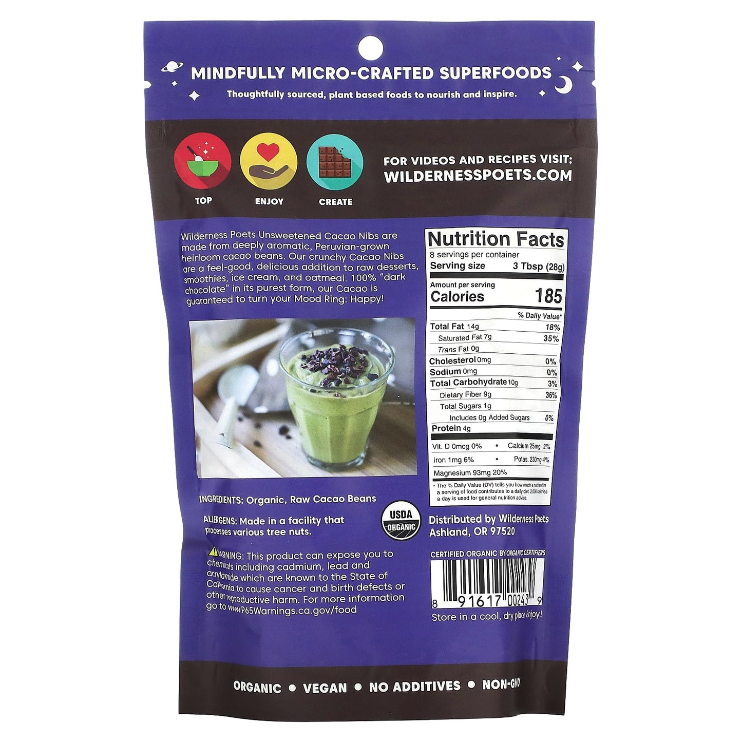Wilderness Poets, Organic Unsweetened Cacao Nibs, Dark Chocolate, 8 oz (226 g) - Image 2