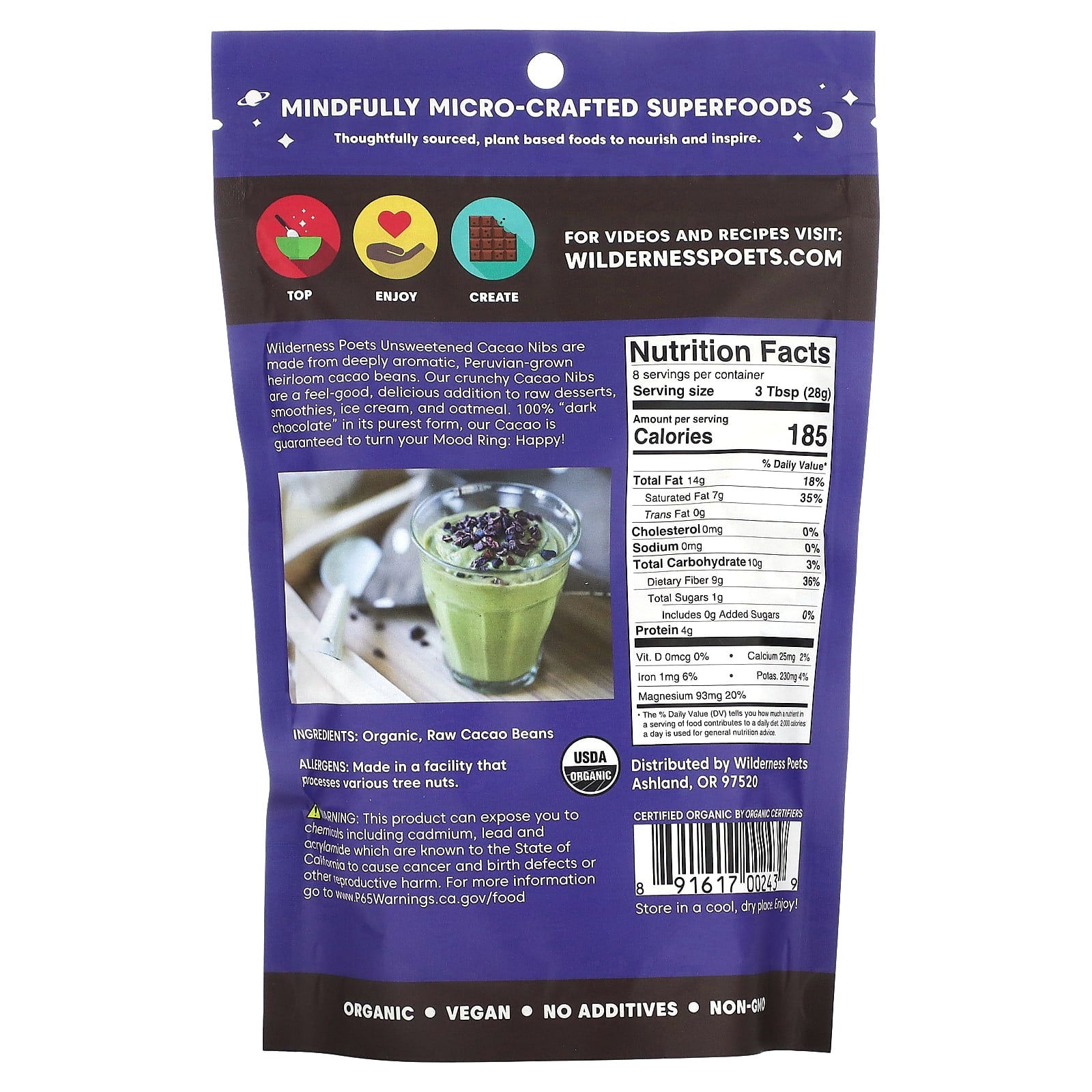 Wilderness Poets, Organic Unsweetened Cacao Nibs, Dark Chocolate, 8 oz (226 g) - Image 2