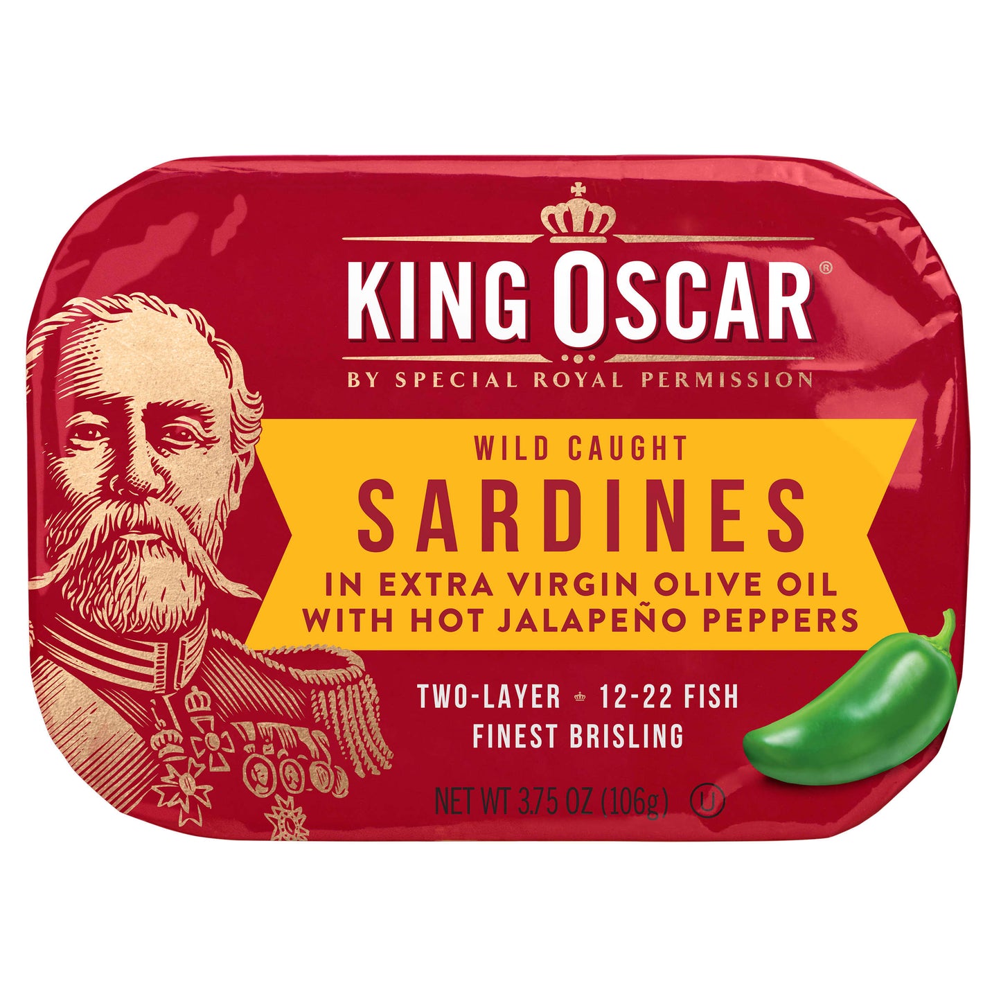 King Oscar, Wild Caught Sardine, In Extra Virgin Olive Oil with Hot Jalapeno Peppers, Hot, Two Layer, 3.75 oz (106 g) - Image 1