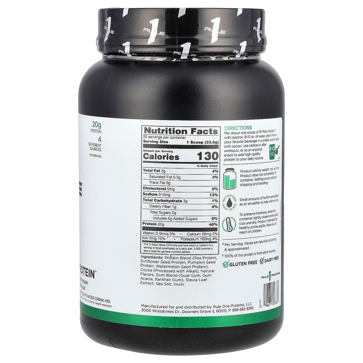 Rule One Proteins, Plant Protein Powder Drink Mix, Chocolate, 1.48 lb (670 g)