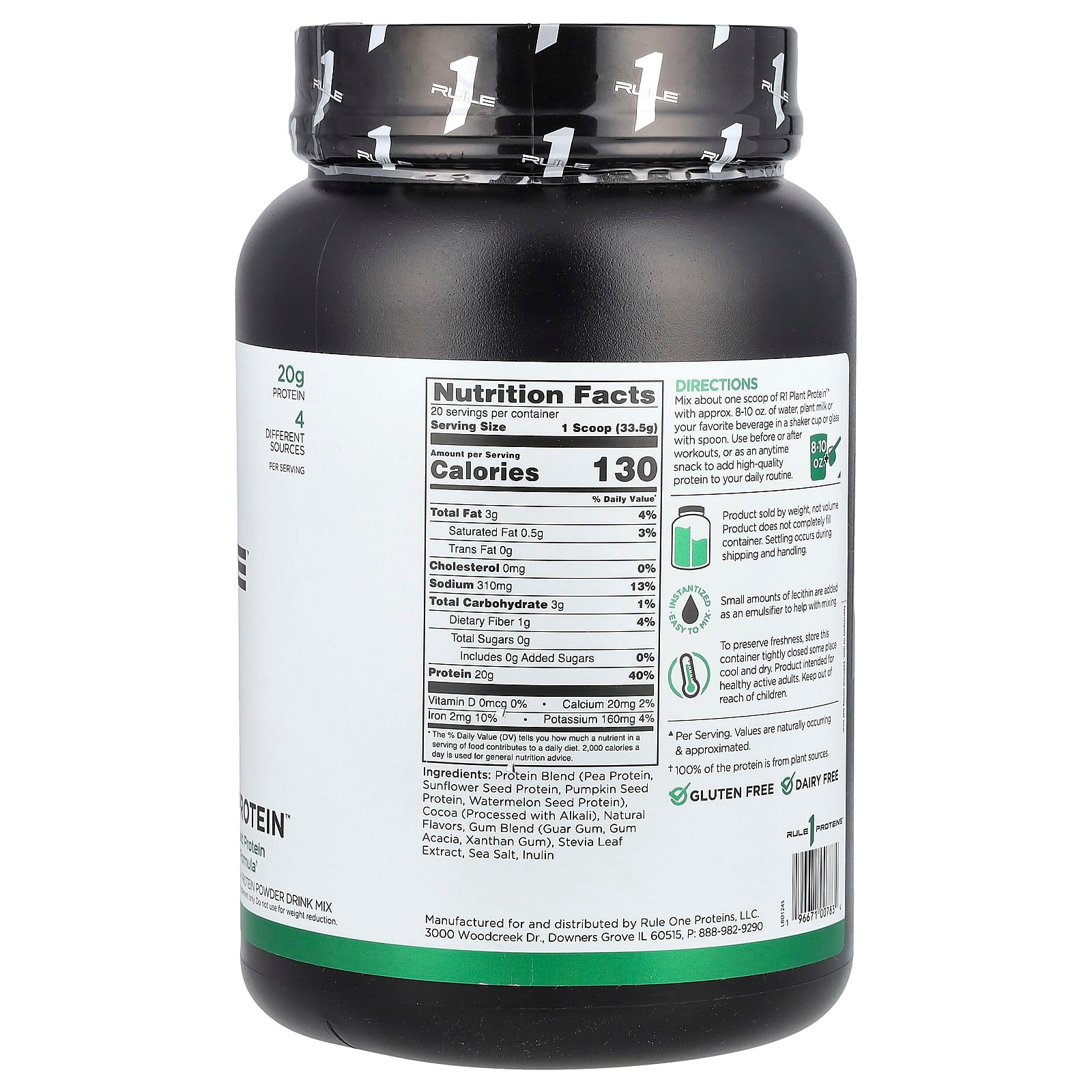 Rule One Proteins, Plant Protein Powder Drink Mix, Chocolate, 1.48 lb (670 g)